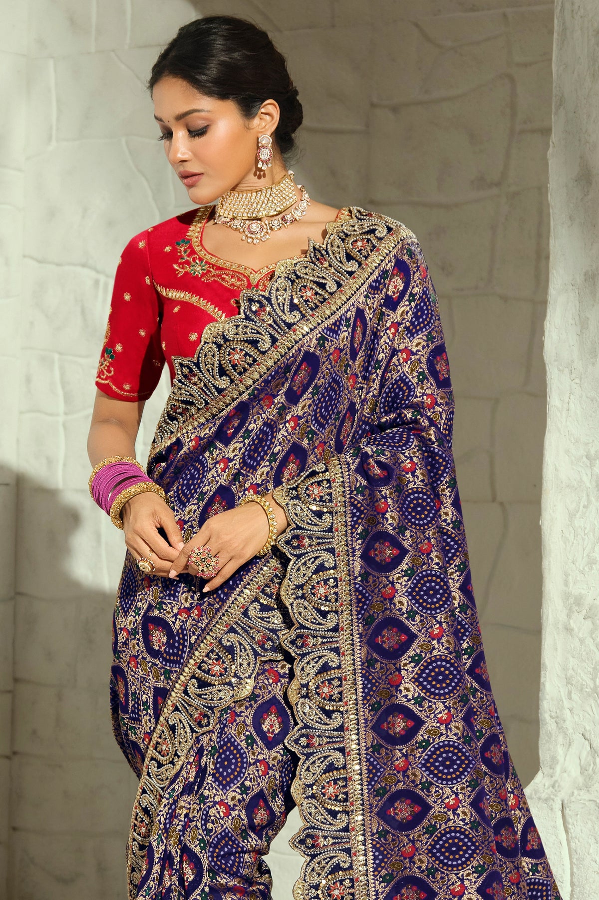 Navy Blue Embroidered Georgette Bandhej Saree-SAR13396_4_SareeButa.com