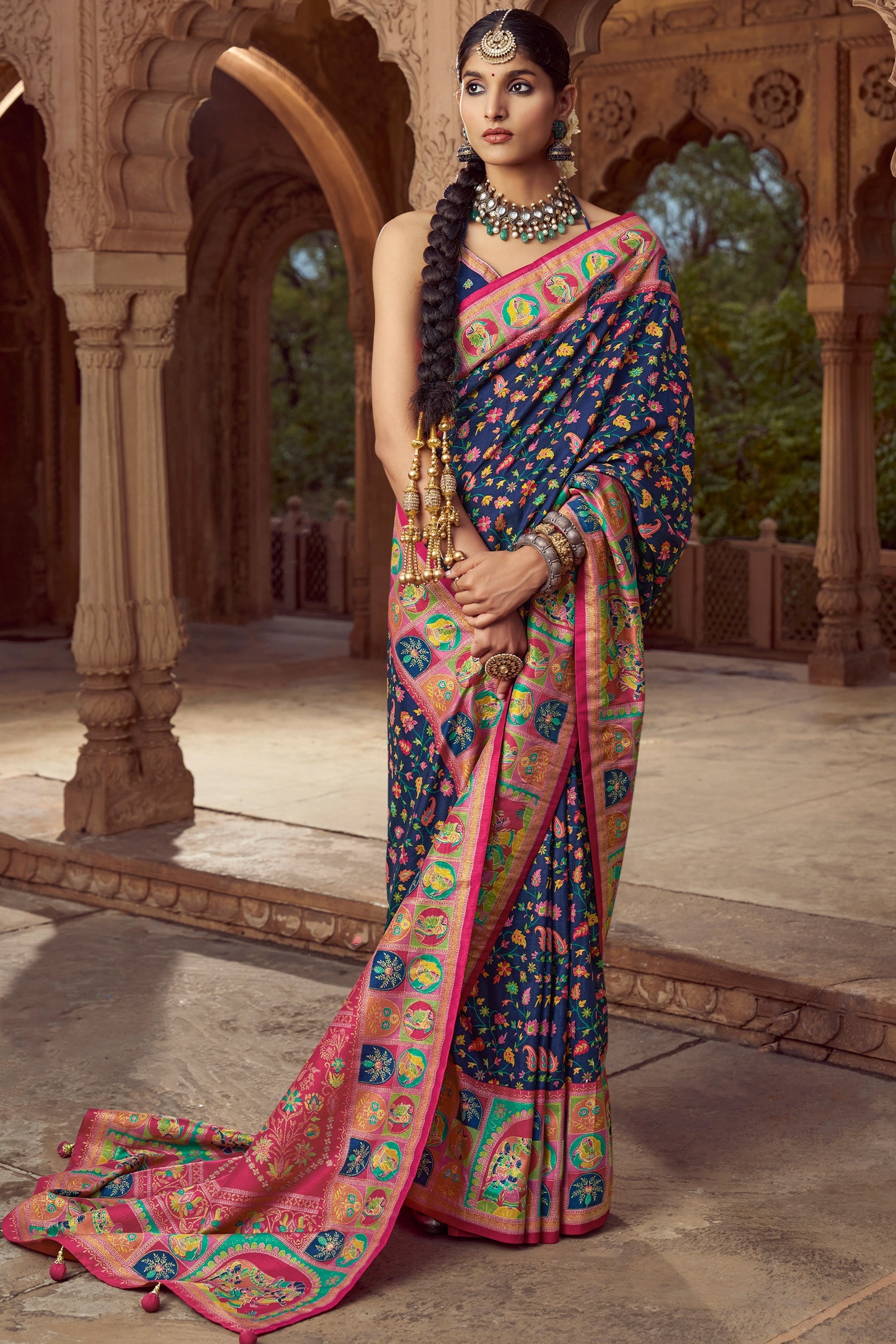 Navy Blue Pashmina Printed Viscose Silk Saree-SAR10409_1_SareeButa.com