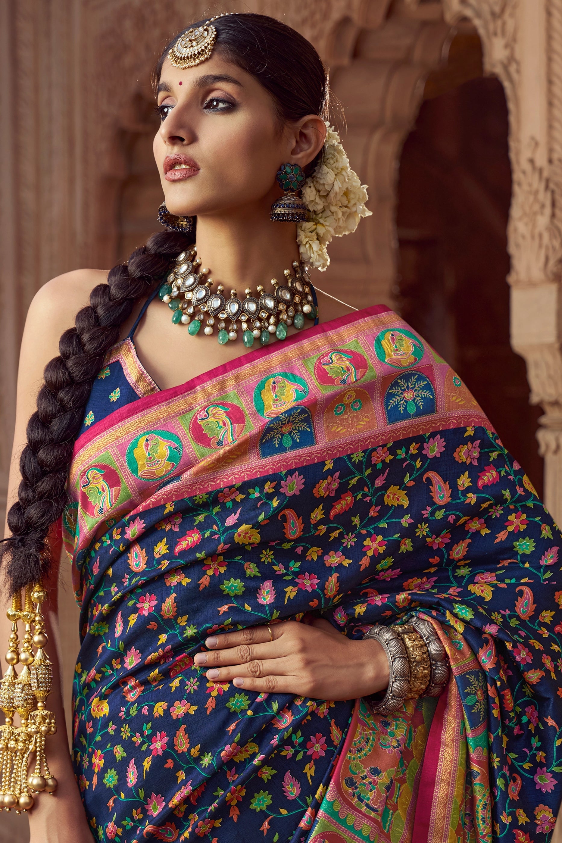 Navy Blue Pashmina Printed Viscose Silk Saree-SAR10409_2_SareeButa.com