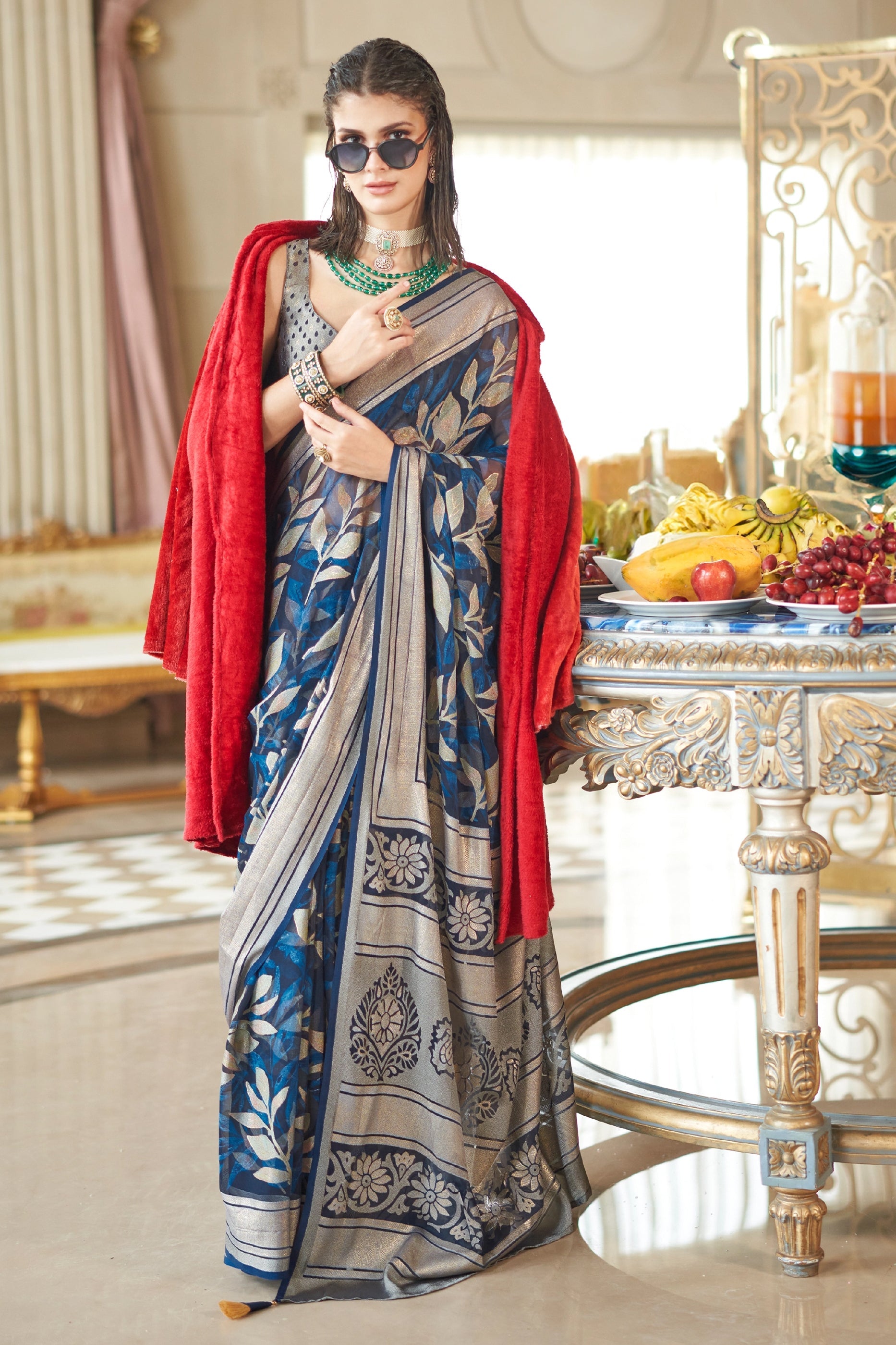 Navy Blue Printed Georgette Saree-SAR11284_1_SareeButa.com
