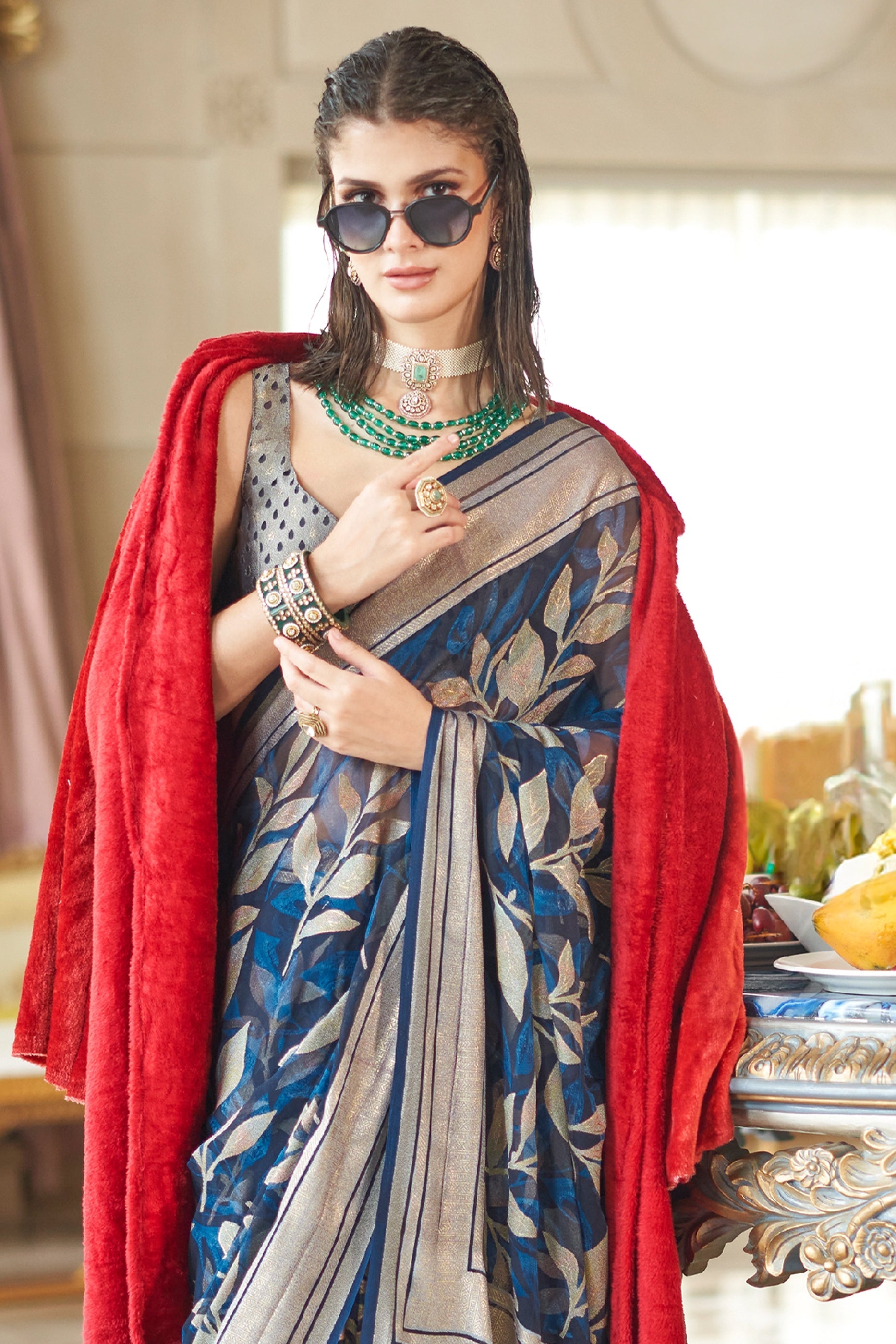 Navy Blue Printed Georgette Saree-SAR11284_3_SareeButa.com