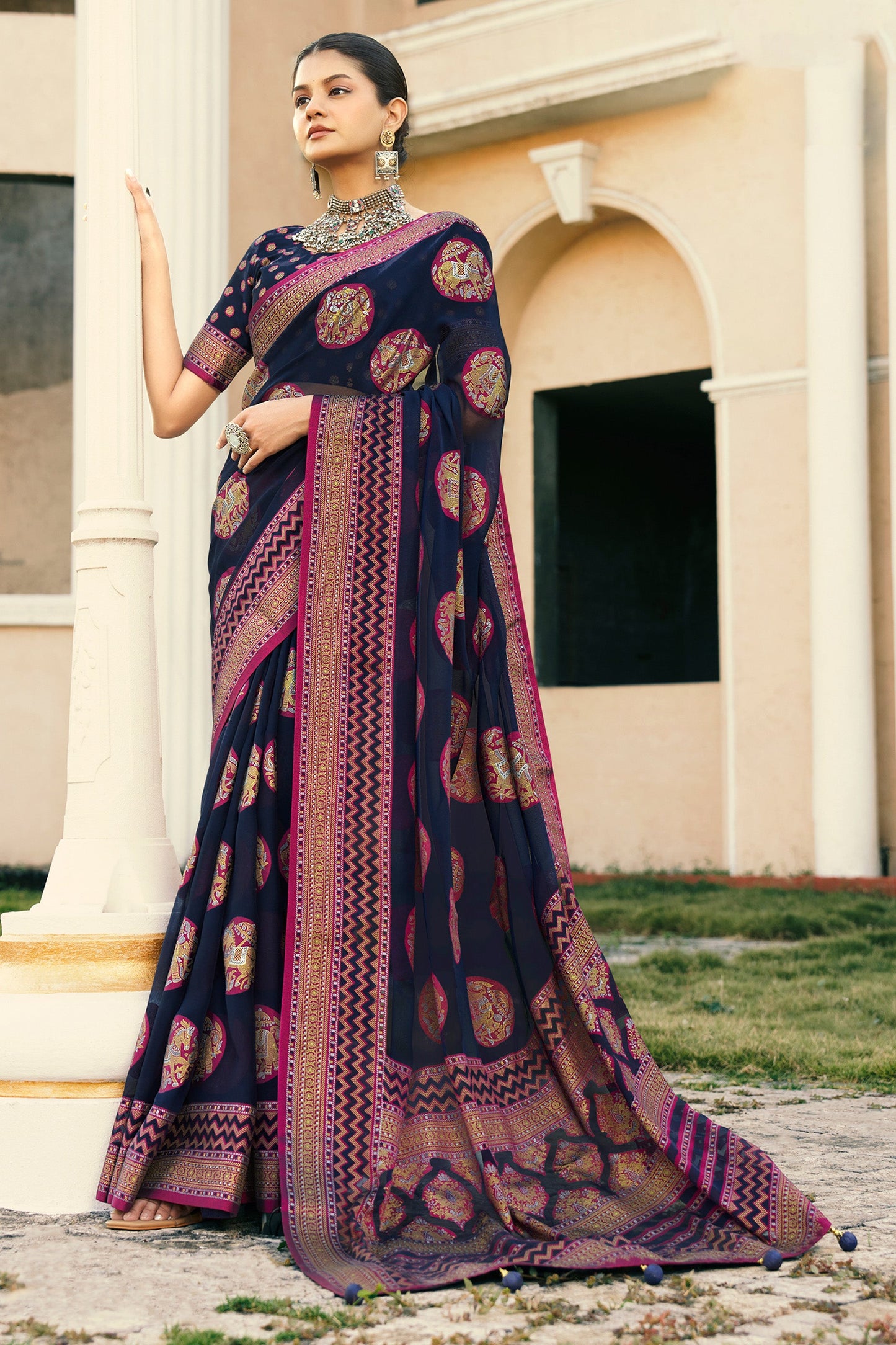 Navy Blue Printed Georgette Silk Saree-SAR10117_1_SareeButa.com