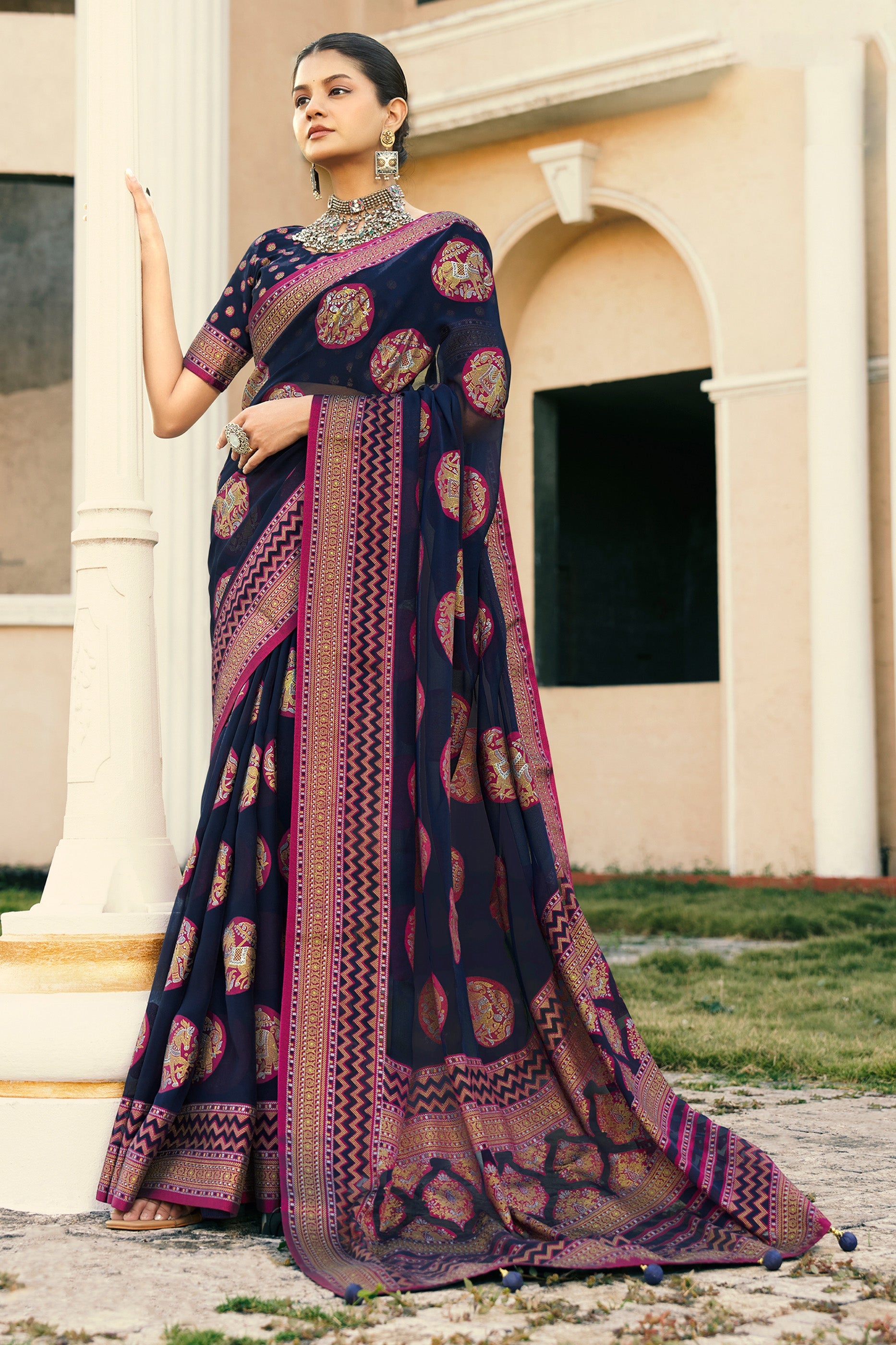 Navy Blue Printed Georgette Silk Saree-SAR10117_1_SareeButa.com
