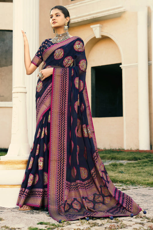 Navy Blue Printed Georgette Silk Saree-SAR10117_1_SareeButa.com