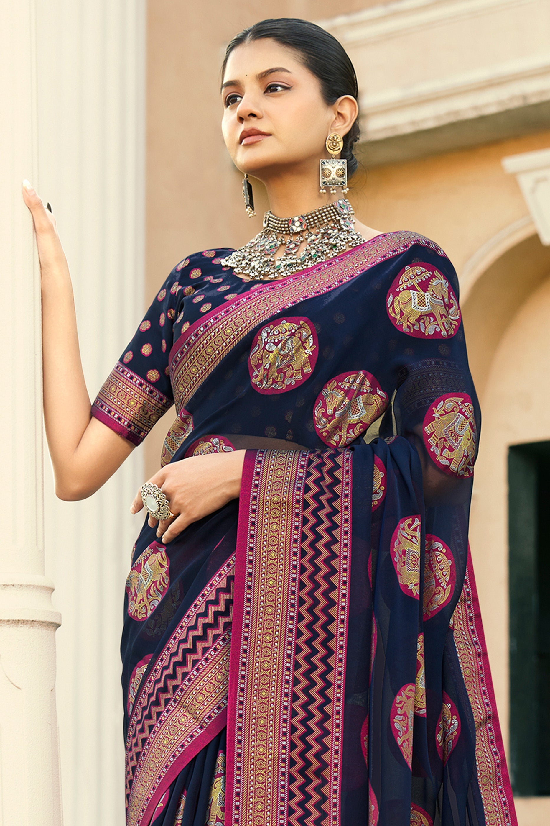 Navy Blue Printed Georgette Silk Saree-SAR10117_3_SareeButa.com