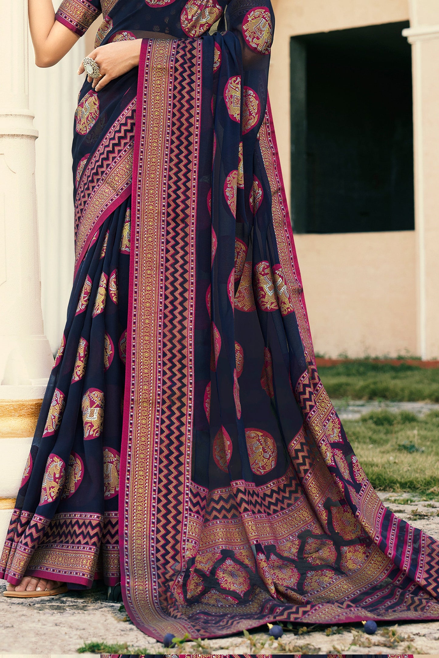 Navy Blue Printed Georgette Silk Saree-SAR10117_4_SareeButa.com