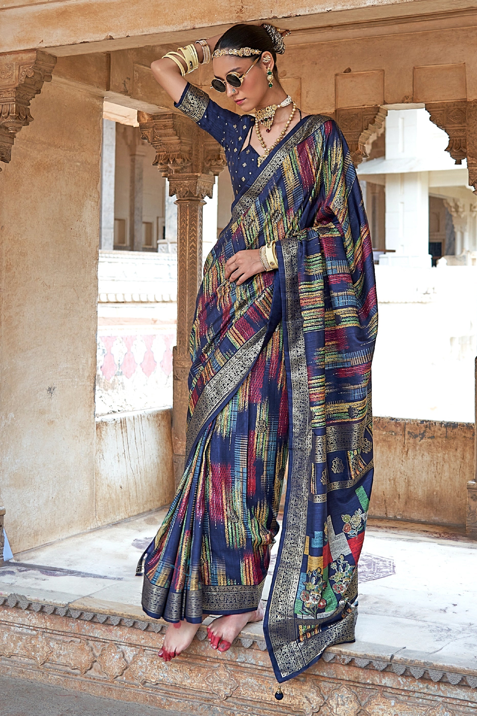 Navy Blue Printed Patola Silk Saree-SAR11305_1_SareeButa.com
