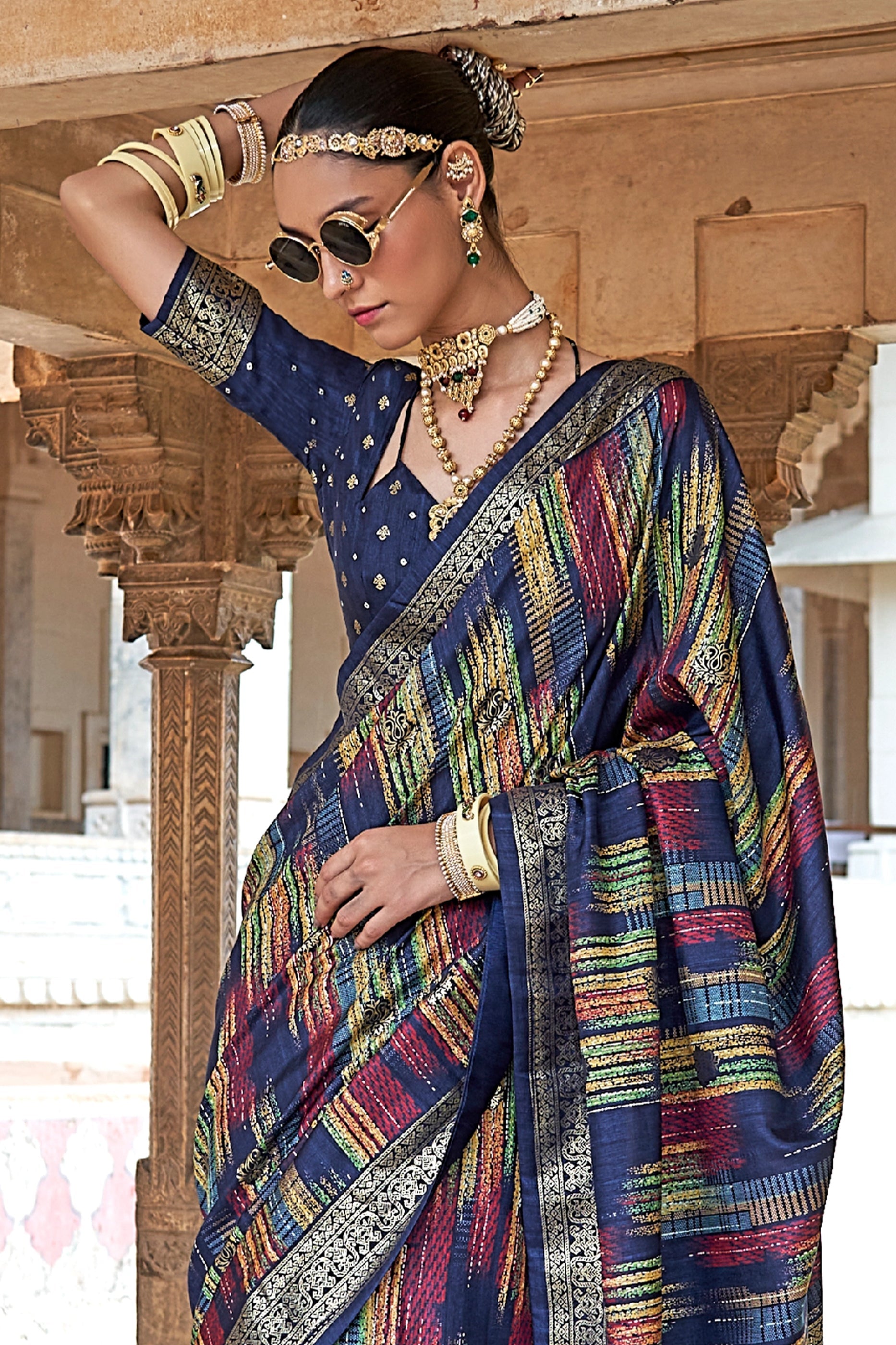 Navy Blue Printed Patola Silk Saree-SAR11305_3_SareeButa.com