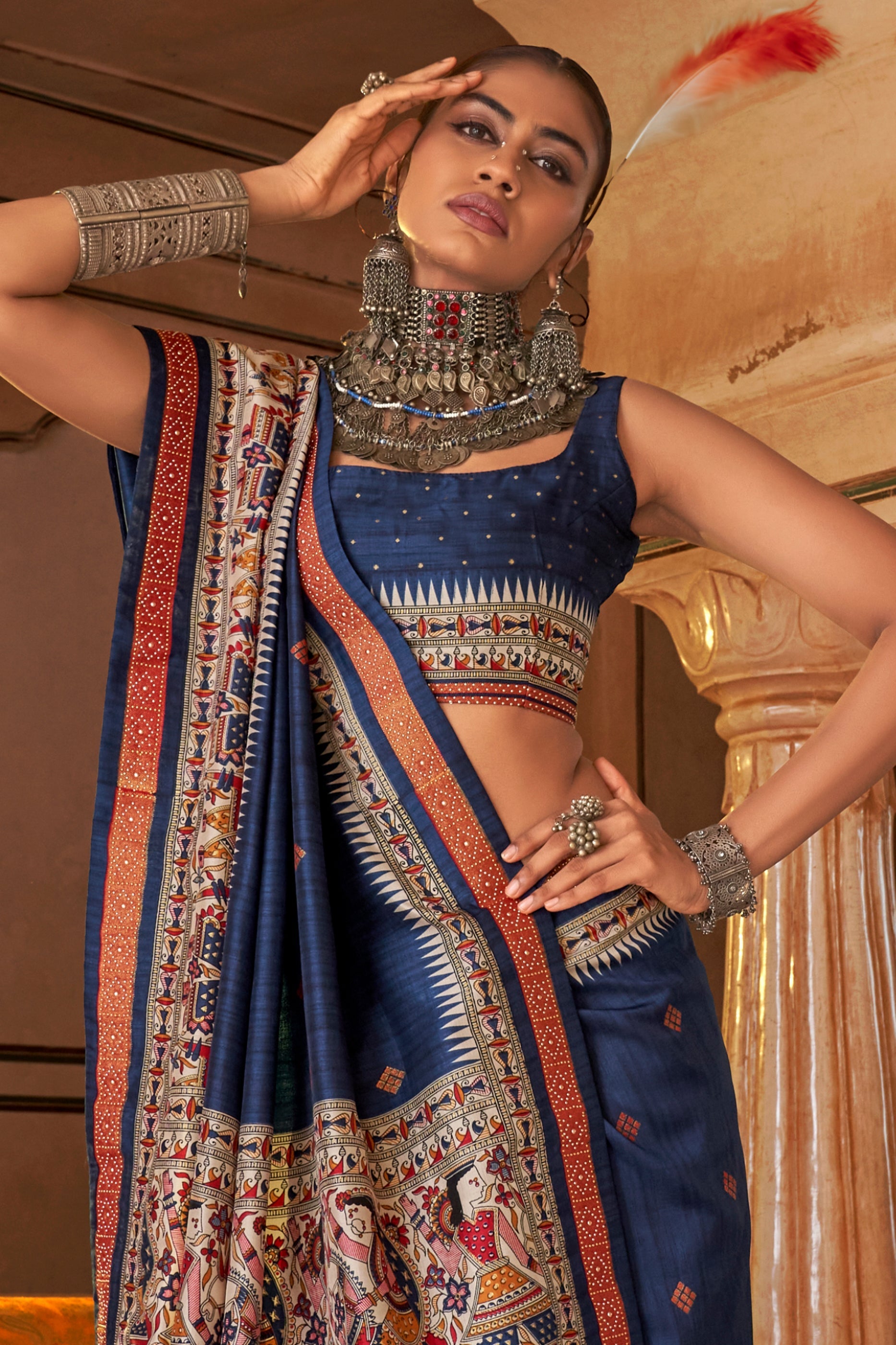 Navy Blue Printed Viscose Silk Saree-SAR10085_3_SareeButa.com