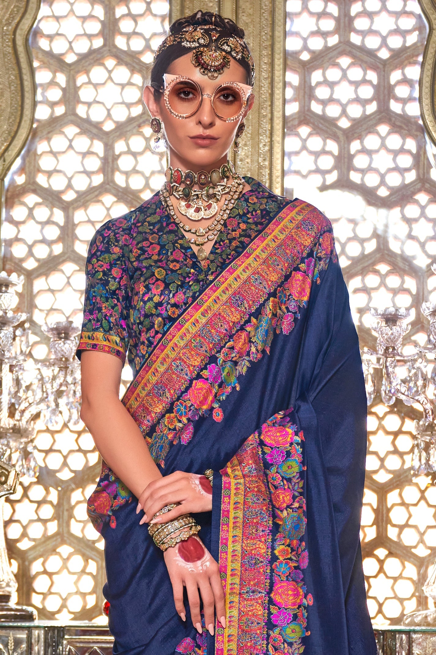 Navy Blue Printed Viscose Silk Saree-ZB133638_3_SareeButa.com