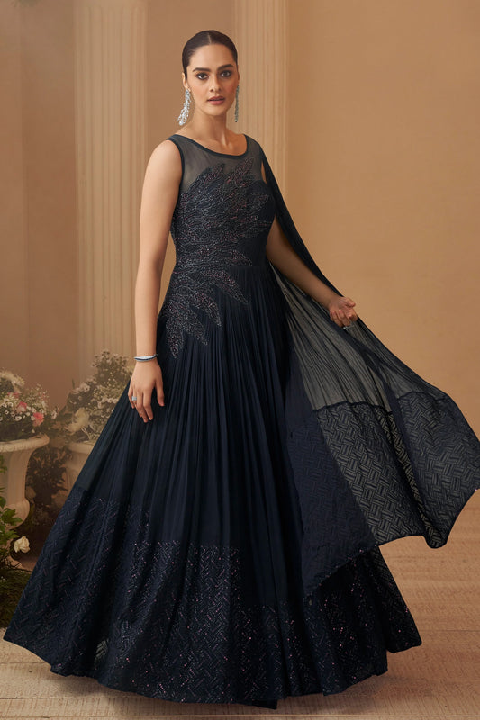 Navy Blue Readymade Chinon Silk Gown-SAR10952_1_SareeButa.com