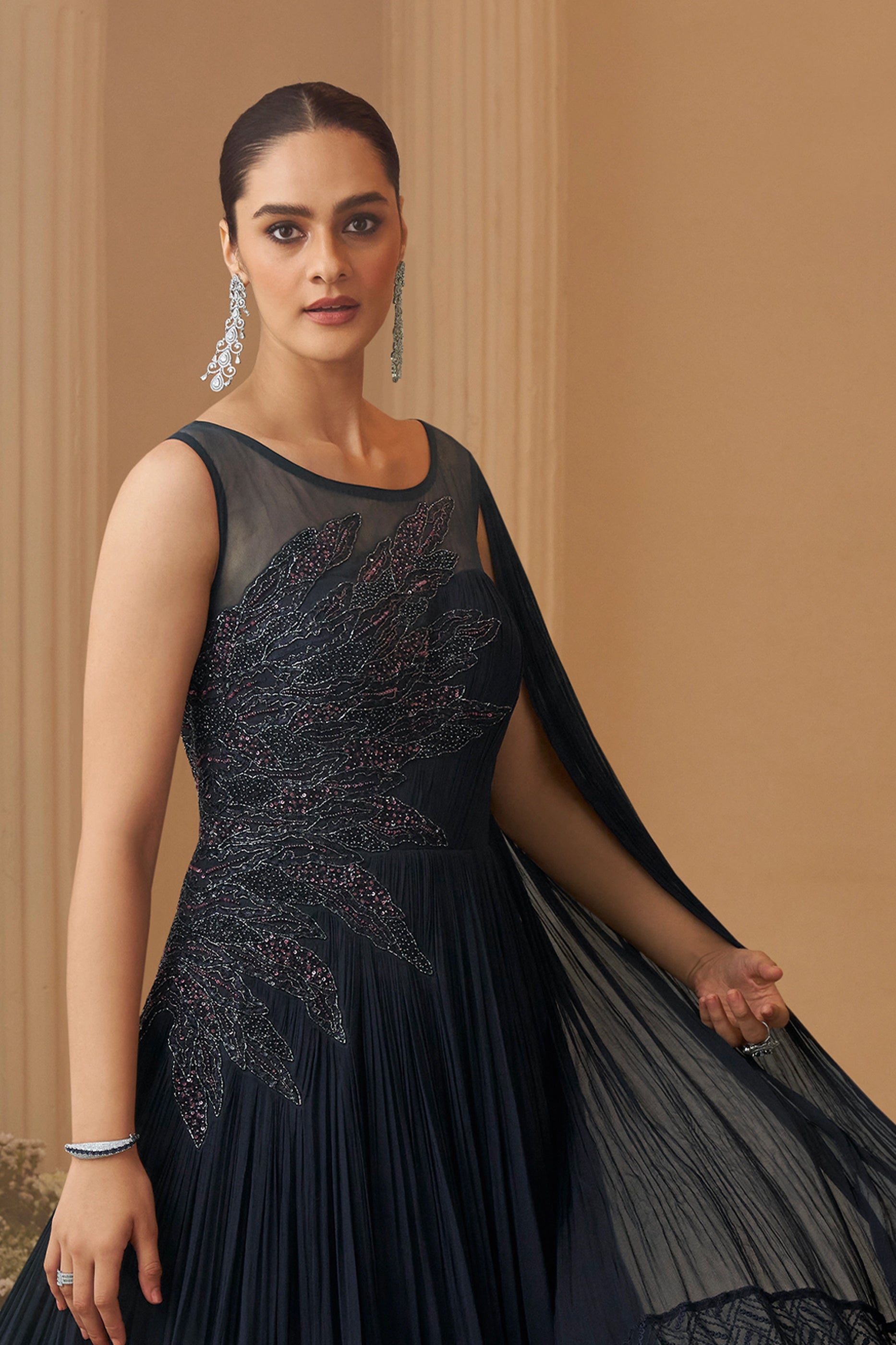 Navy Blue Readymade Chinon Silk Gown-SAR10952_3_SareeButa.com
