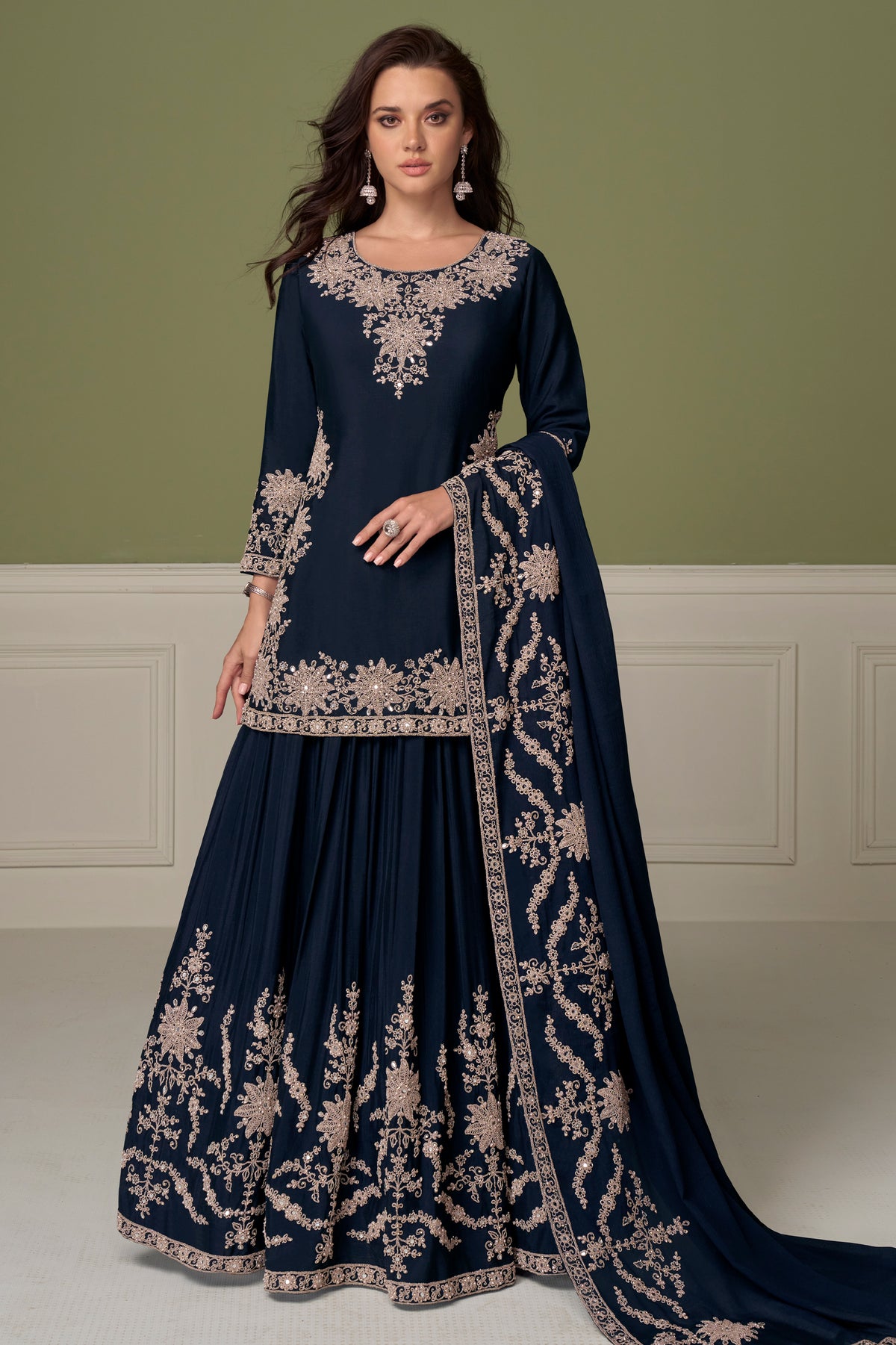 Navy Blue Readymade Embroidered Chinon Skirt Suit-SAR13543_1_SareeButa.com