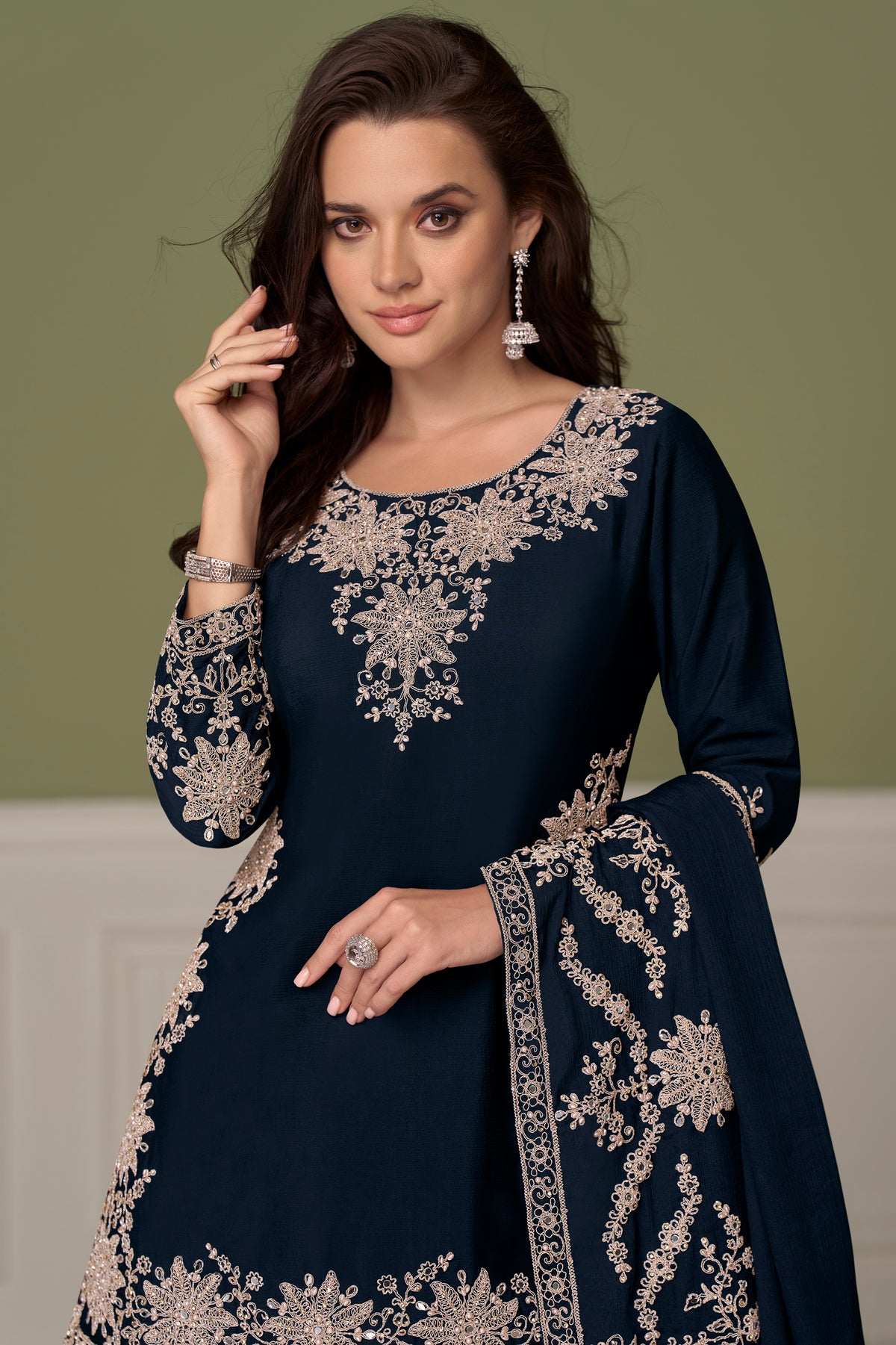 Navy Blue Readymade Embroidered Chinon Skirt Suit-SAR13543_2_SareeButa.com