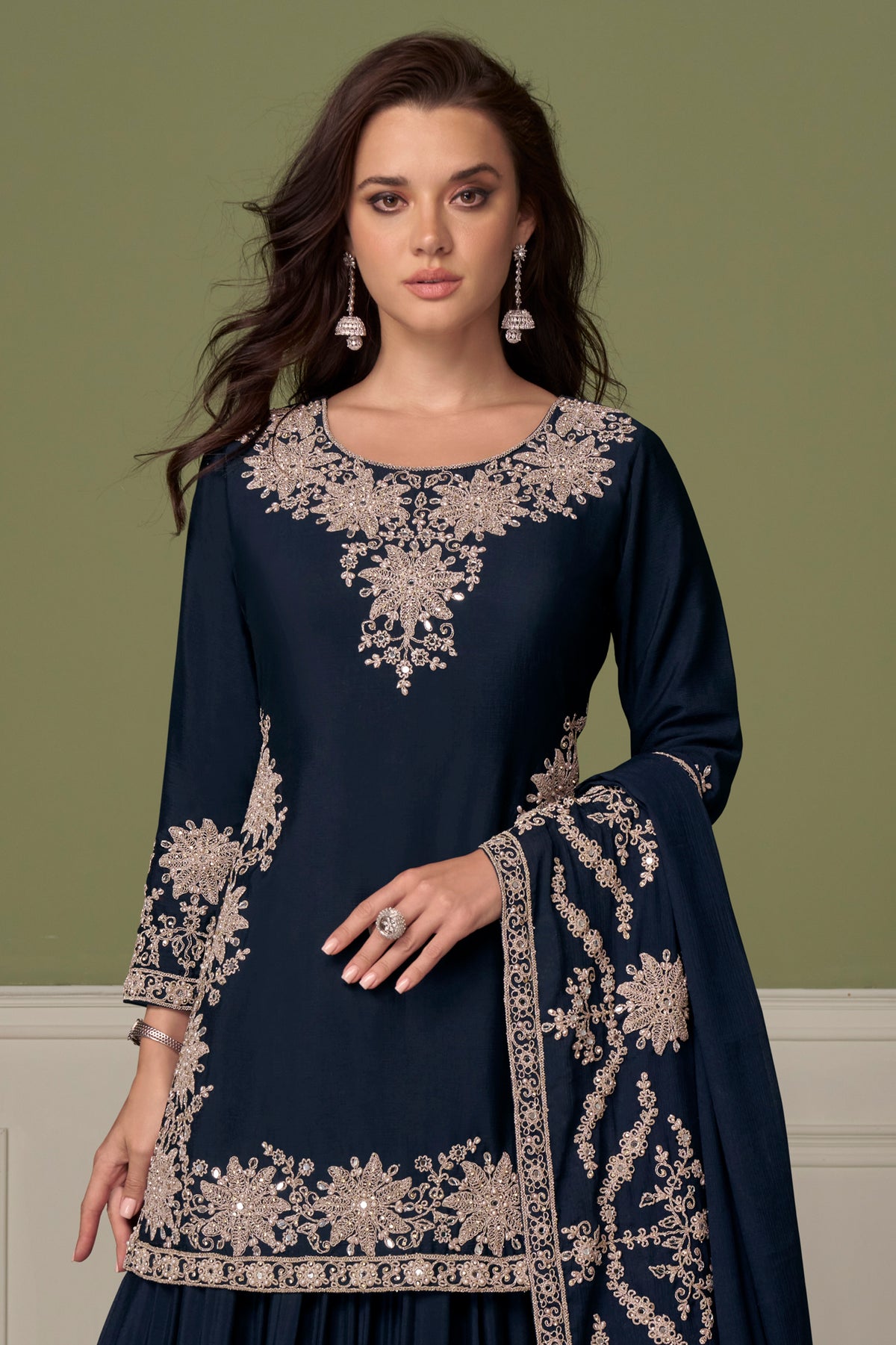 Navy Blue Readymade Embroidered Chinon Skirt Suit-SAR13543_3_SareeButa.com