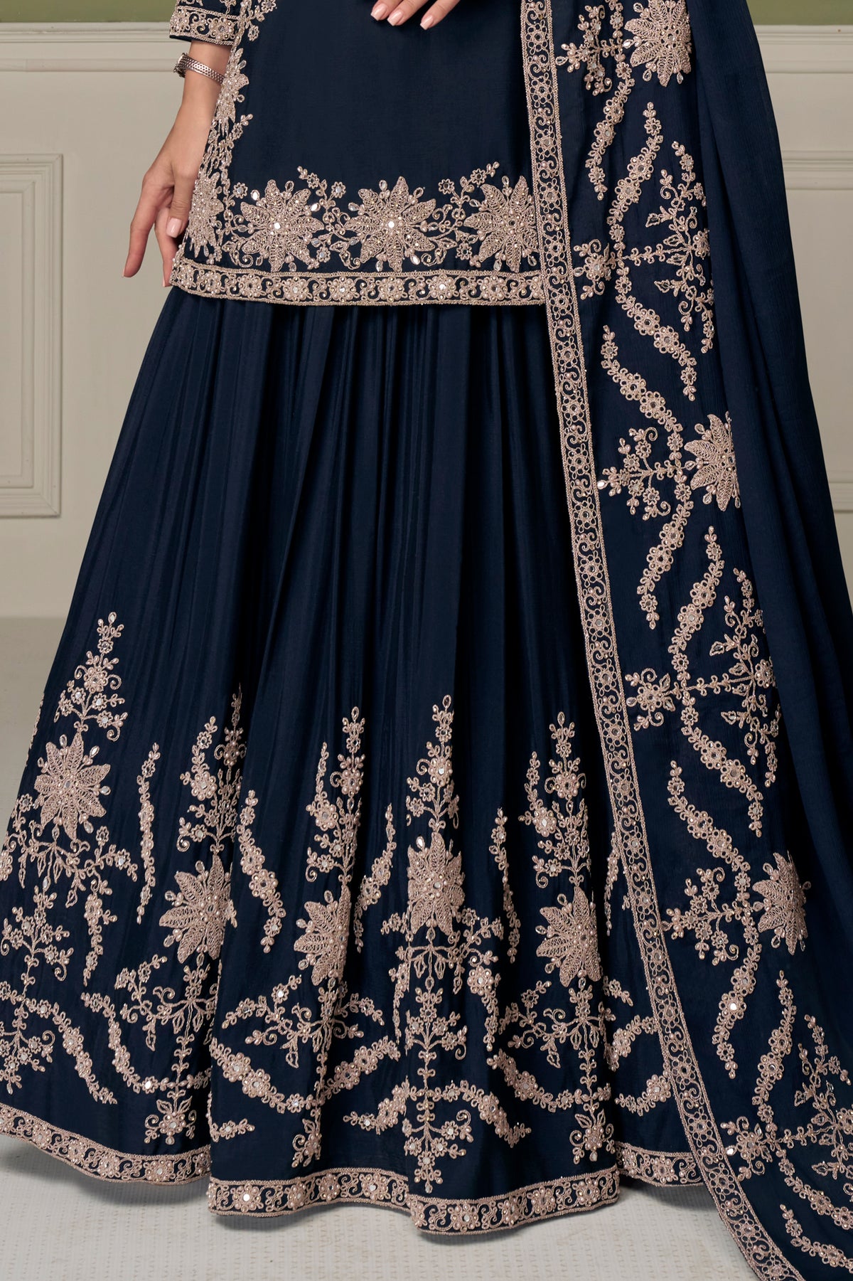 Navy Blue Readymade Embroidered Chinon Skirt Suit-SAR13543_4_SareeButa.com