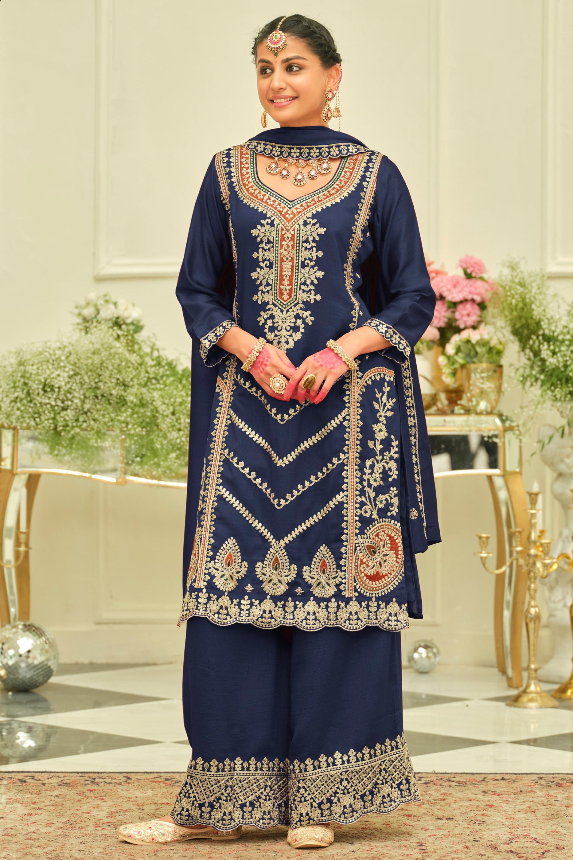 Navy Blue Readymade Embroidered Silk Suit-SAR12172_1_SareeButa.com