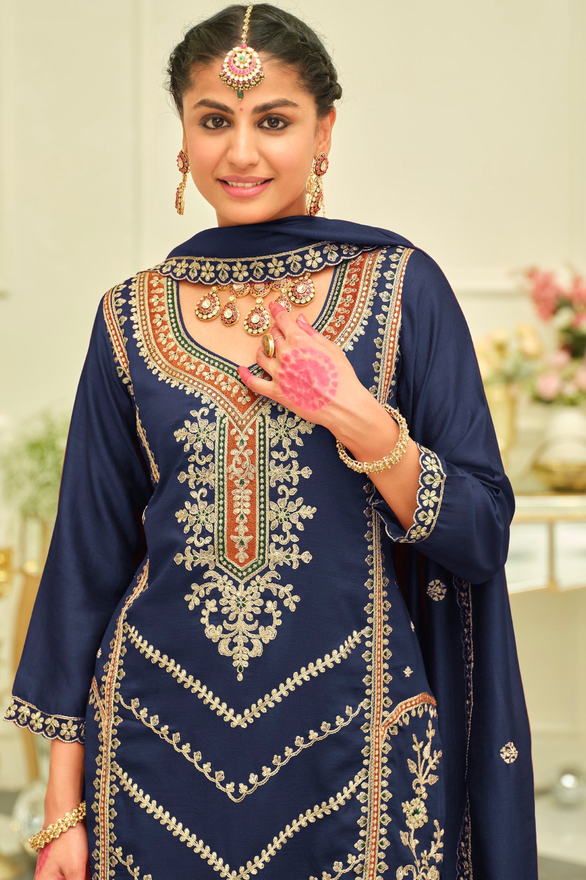 Navy Blue Readymade Embroidered Silk Suit-SAR12172_2_SareeButa.com