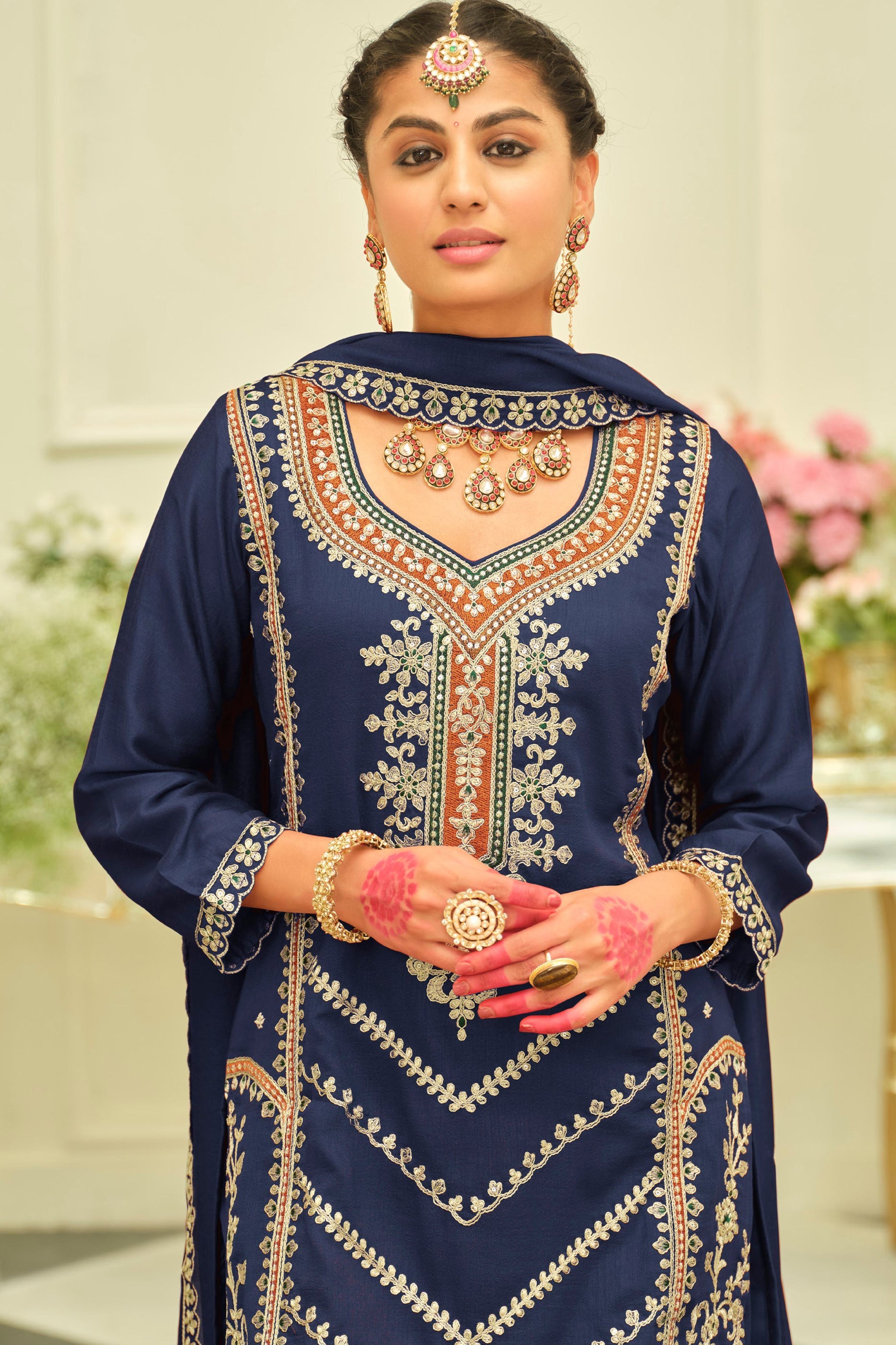 Navy Blue Readymade Embroidered Silk Suit-SAR12172_3_SareeButa.com