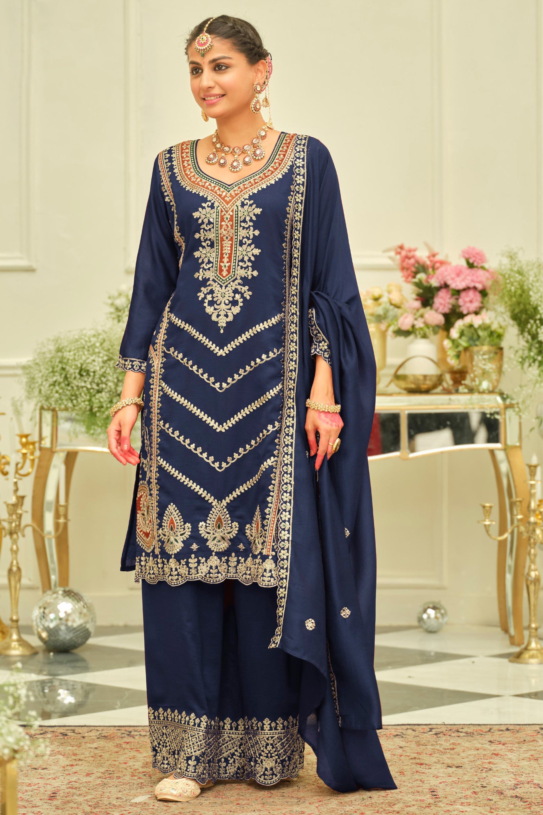 Navy Blue Readymade Embroidered Silk Suit-SAR12172_4_SareeButa.com
