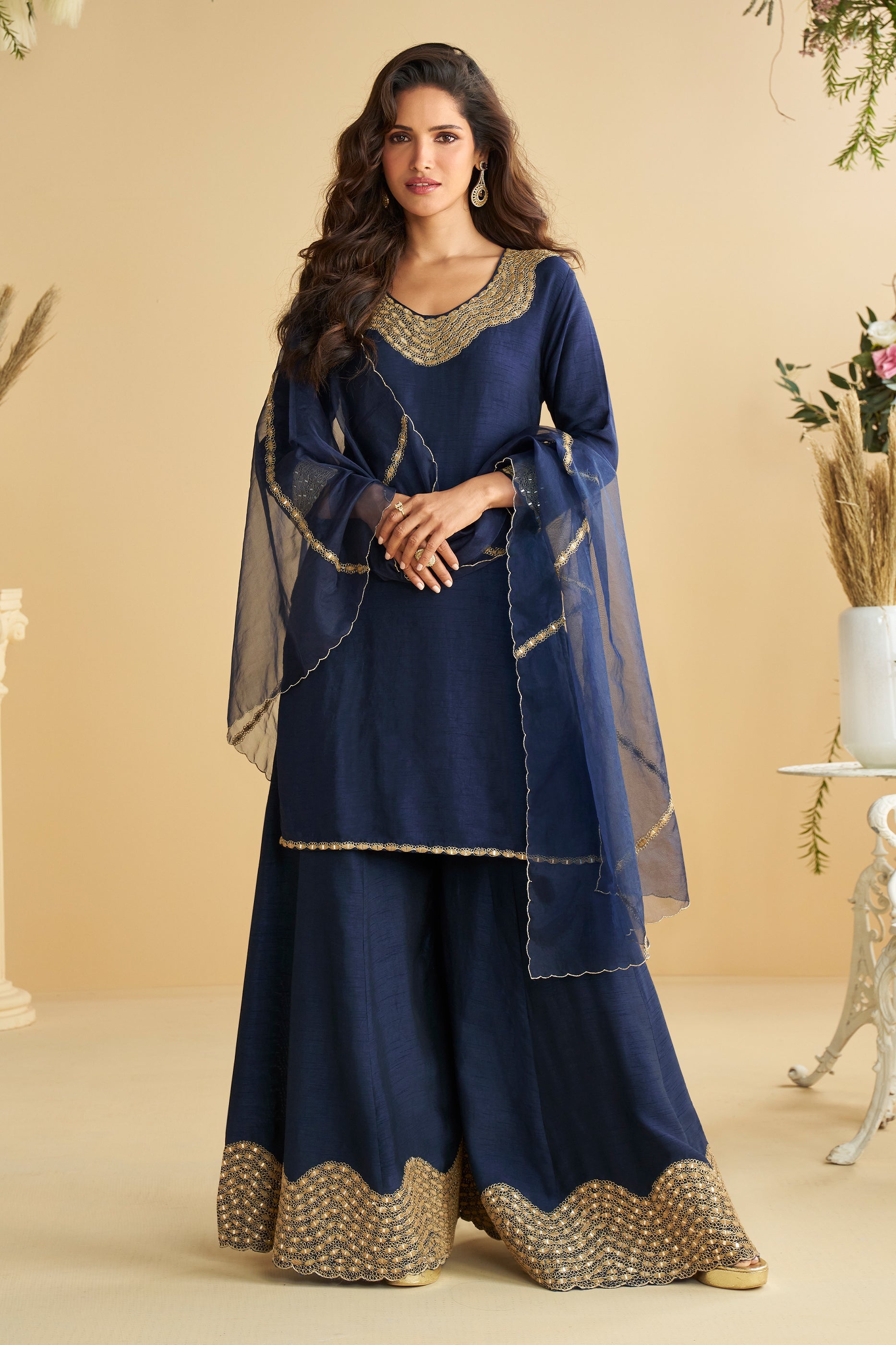 Navy Blue Readymade Mirror Work Silk Suit-SAR10769_1_SareeButa.com
