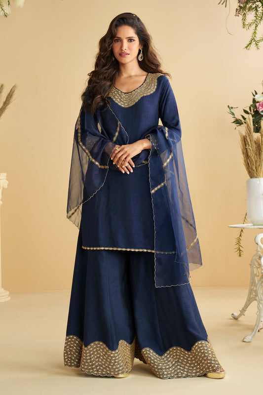 Navy Blue Readymade Mirror Work Silk Suit-SAR10769_1_SareeButa.com