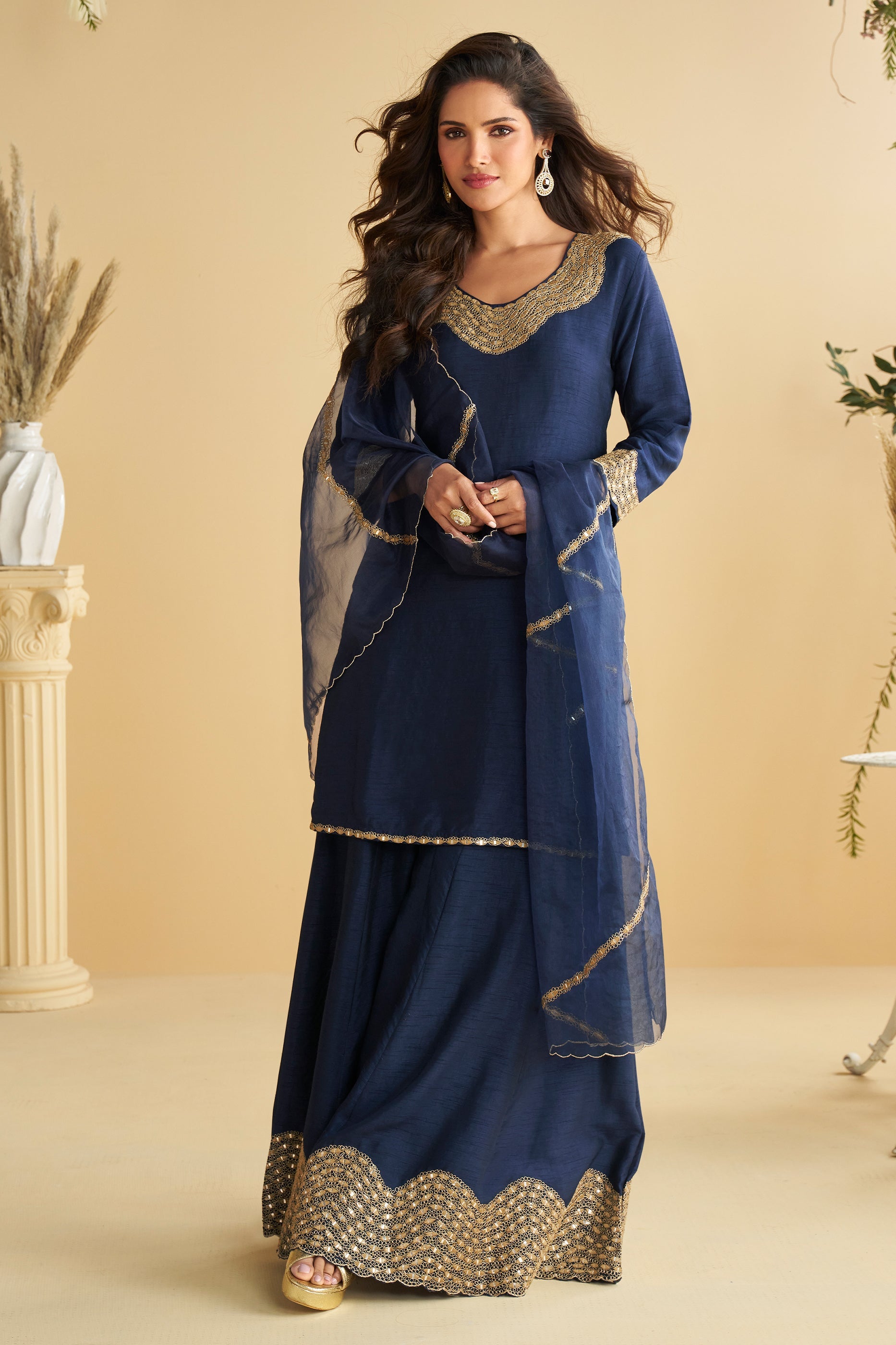 Navy Blue Readymade Mirror Work Silk Suit-SAR10769_3_SareeButa.com