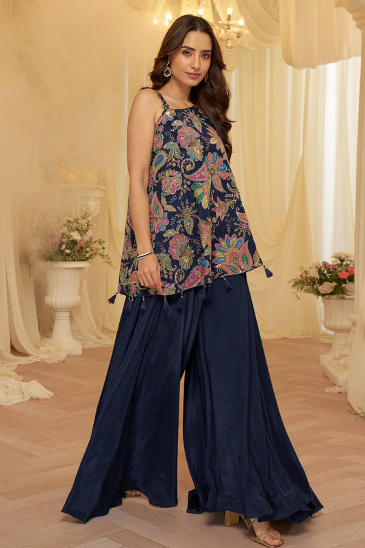 Navy Blue Readymade One Shoulder Palazzo Set-SAR12062_1_SareeButa.com