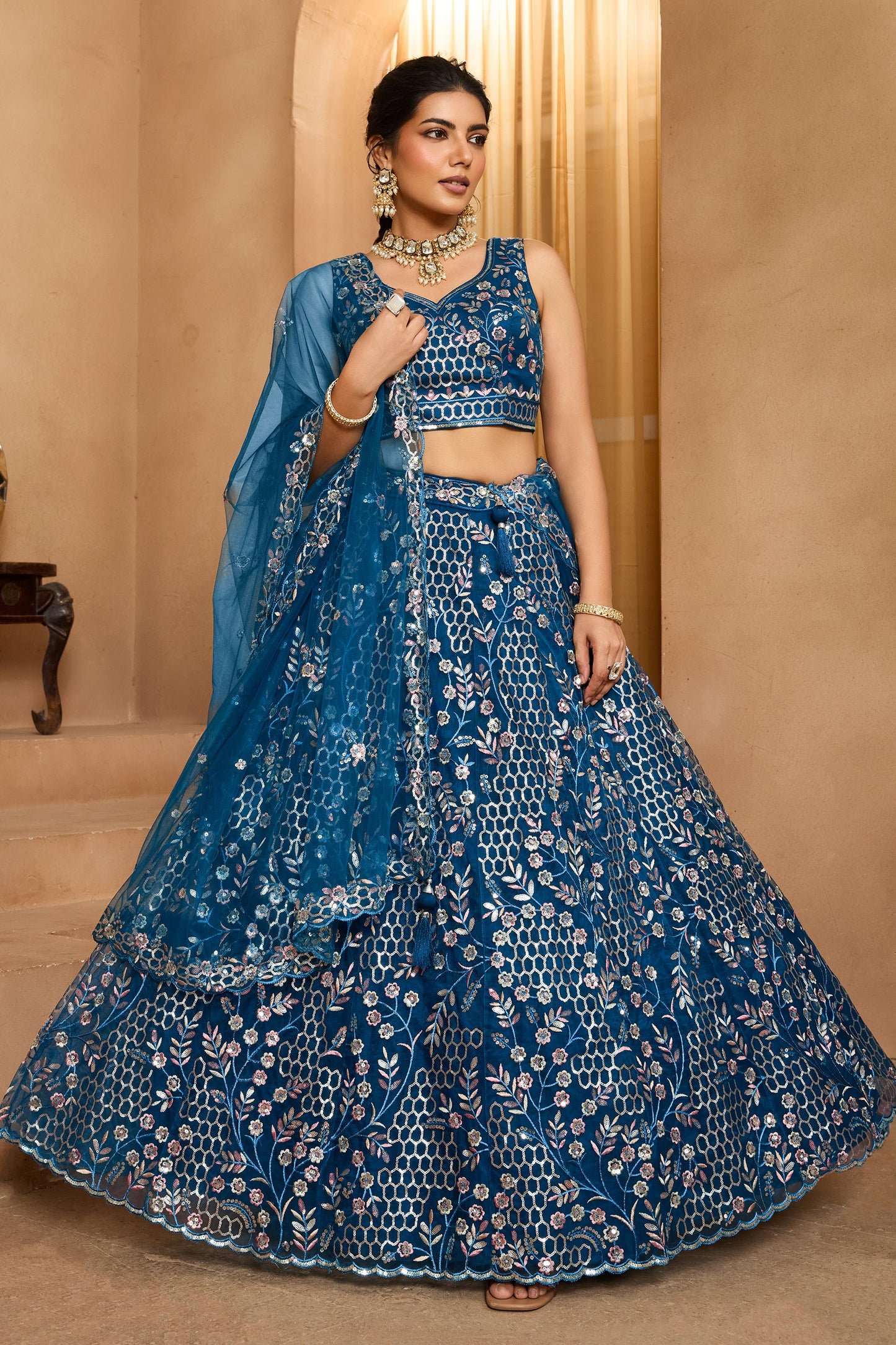 Navy Blue Semi-Stitched Embroidered Net Lehenga-SAR10710_1_SareeButa.com
