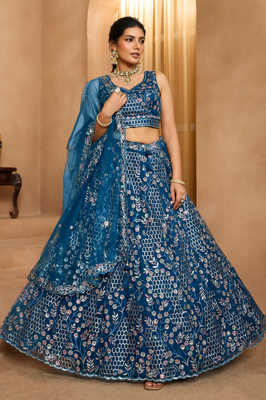 Navy Blue Semi-Stitched Embroidered Net Lehenga-SAR10710_1_SareeButa.com