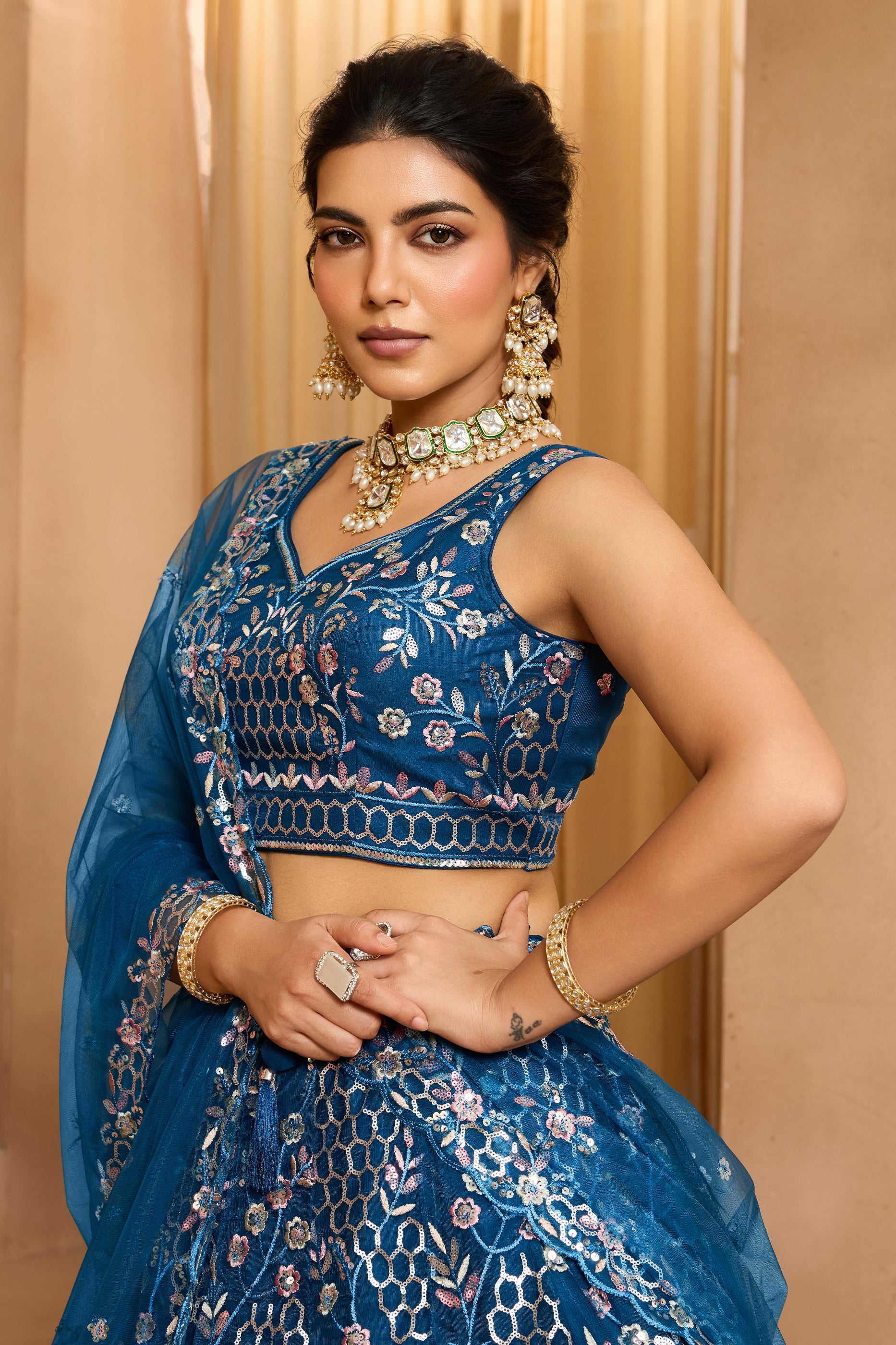 Navy Blue Semi-Stitched Embroidered Net Lehenga-SAR10710_2_SareeButa.com