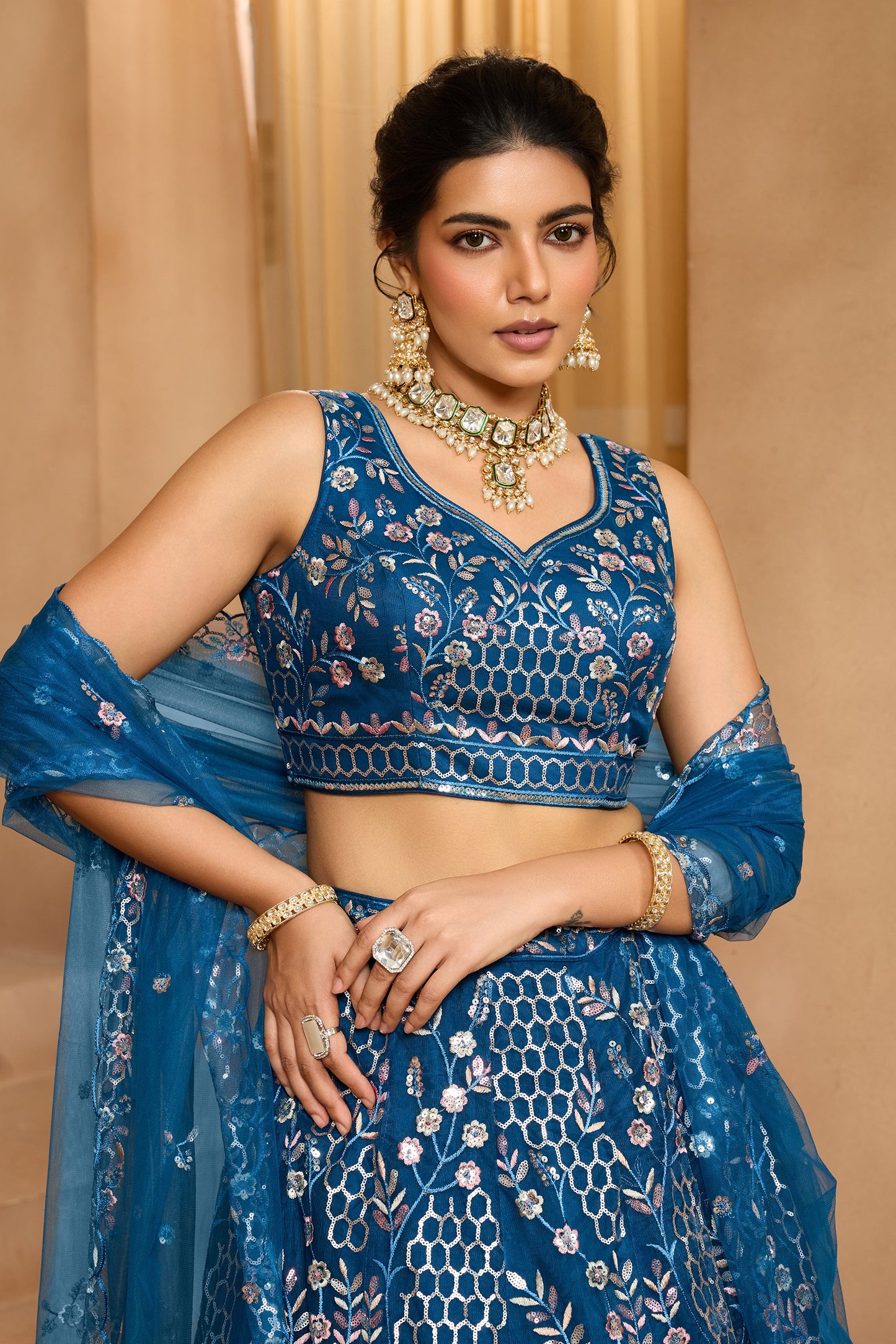 Navy Blue Semi-Stitched Embroidered Net Lehenga-SAR10710_3_SareeButa.com