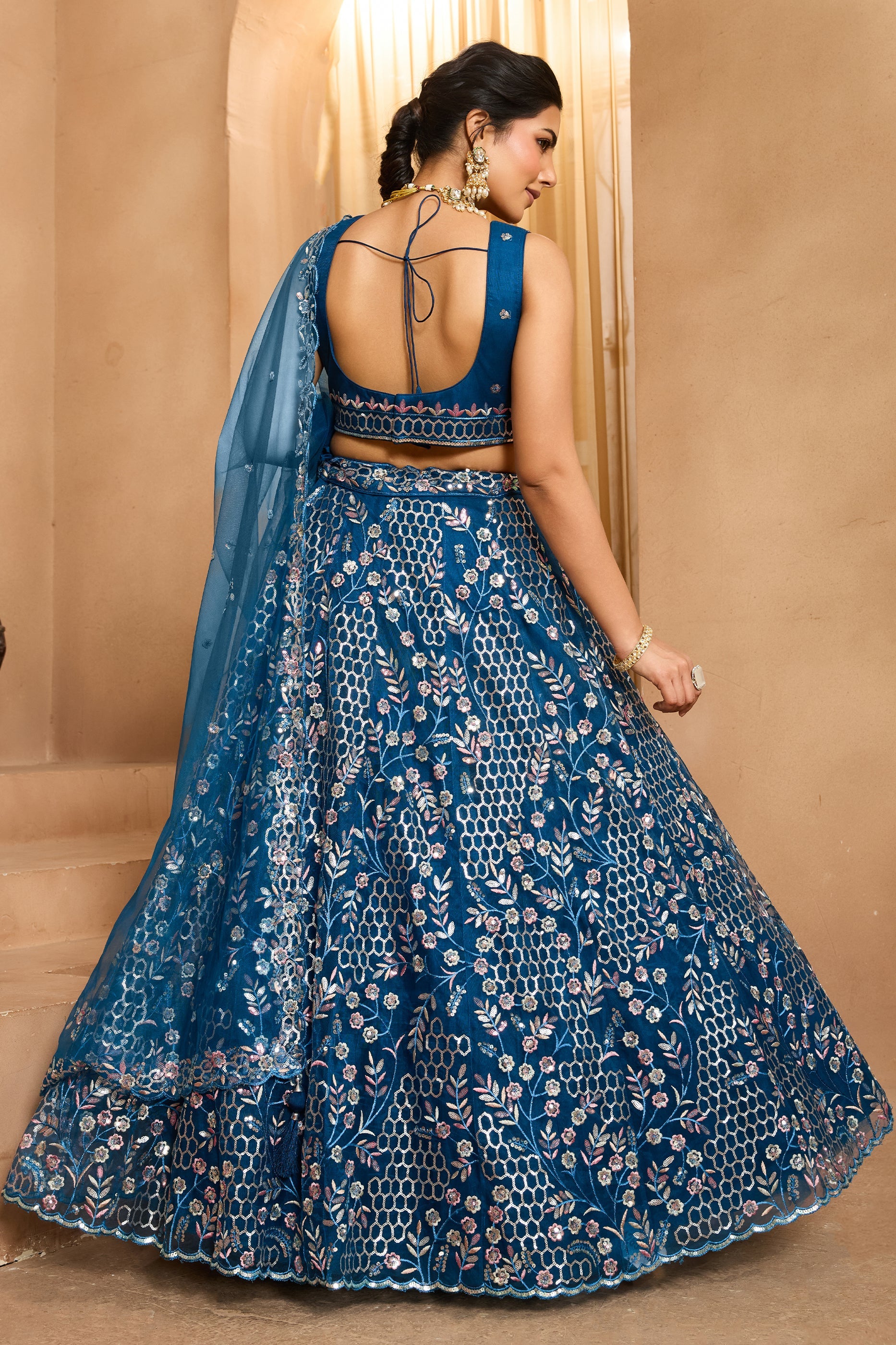 Navy Blue Semi-Stitched Embroidered Net Lehenga-SAR10710_4_SareeButa.com