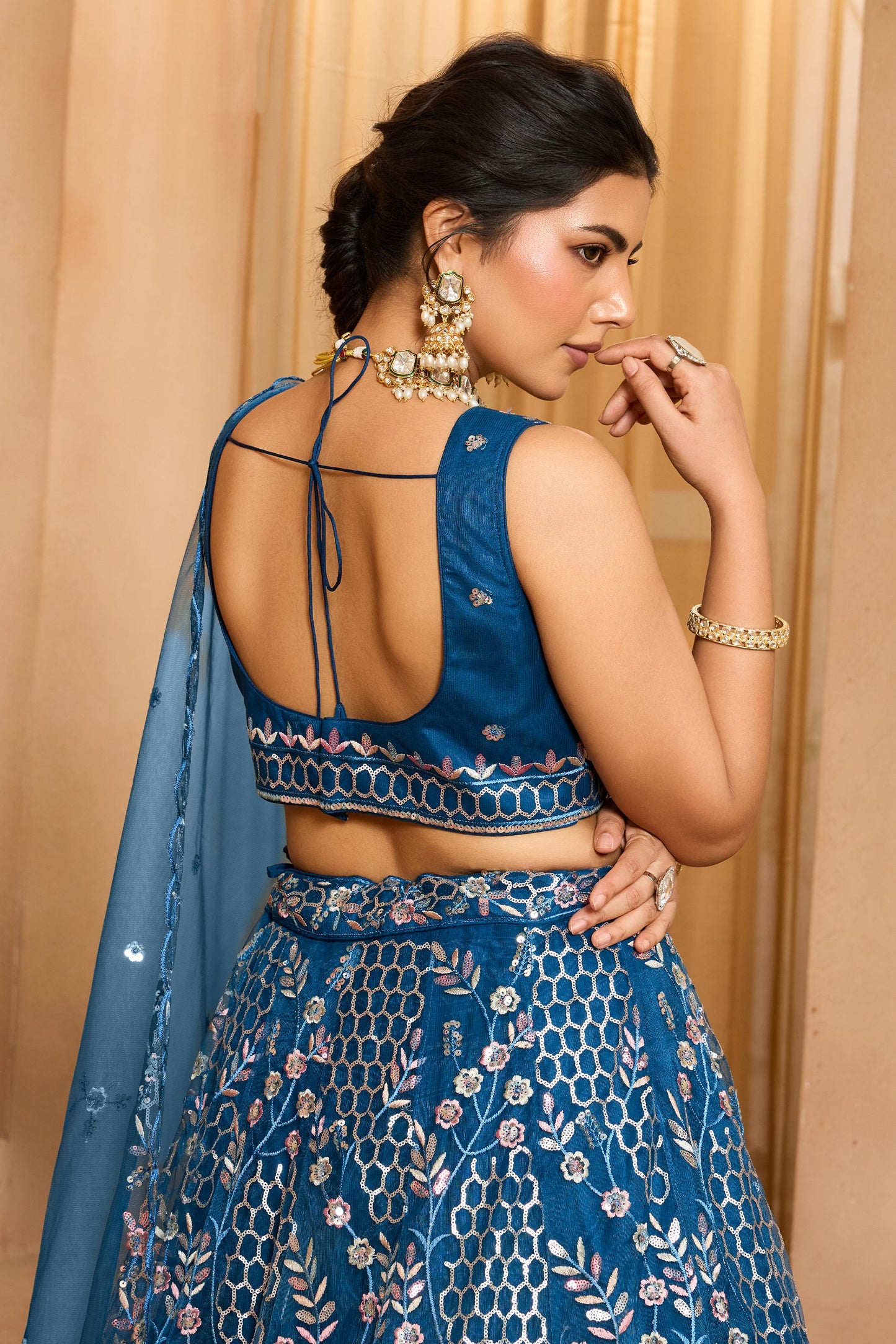 Navy Blue Semi-Stitched Embroidered Net Lehenga-SAR10710_5_SareeButa.com