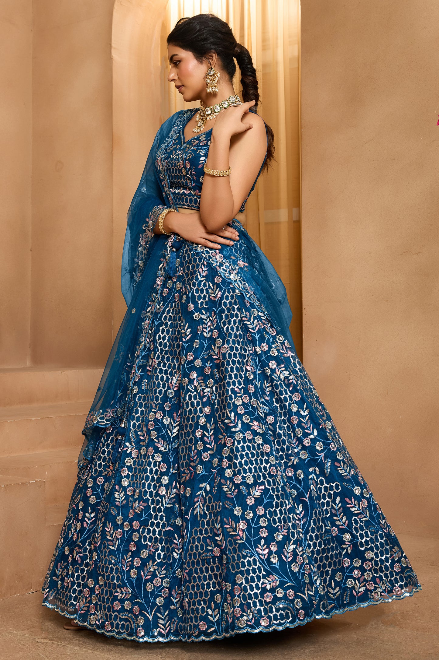 Navy Blue Semi-Stitched Embroidered Net Lehenga