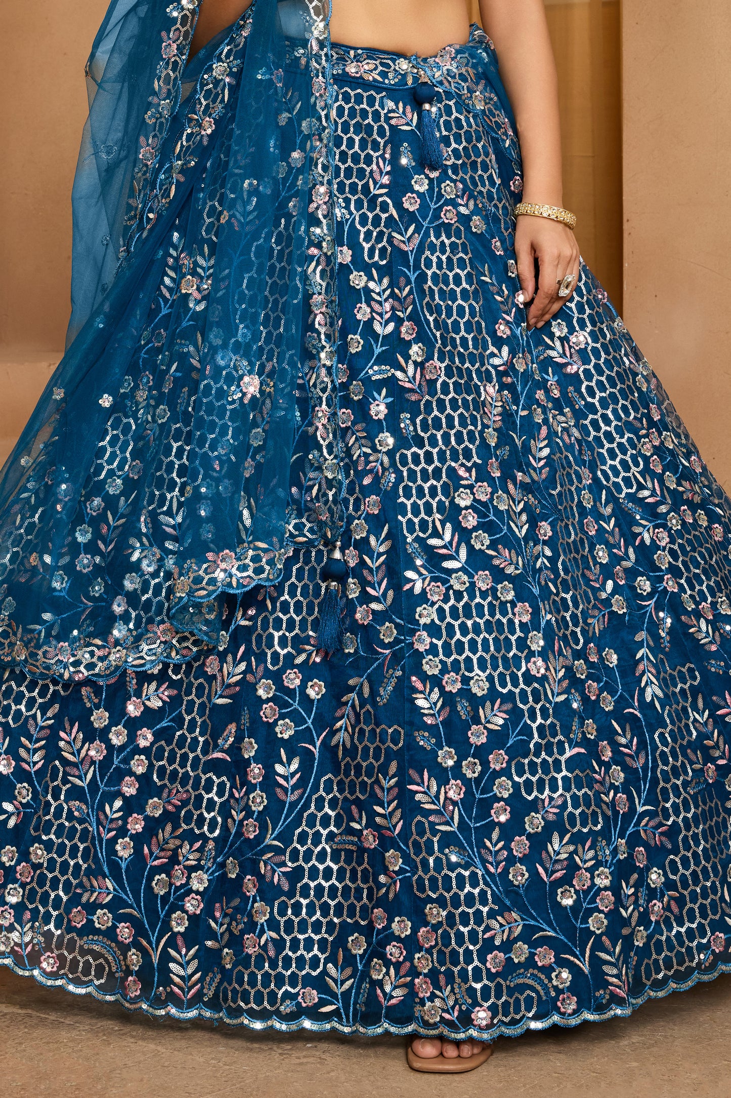 Navy Blue Semi-Stitched Embroidered Net Lehenga