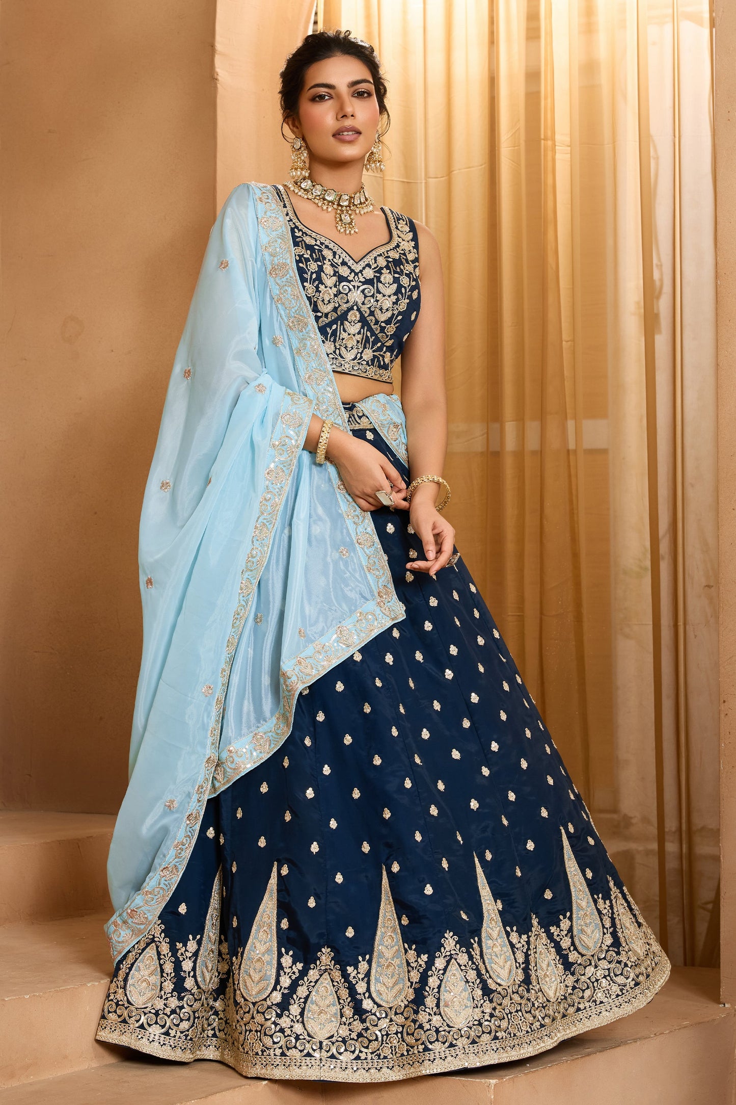 Navy Blue Semi-Stitched Embroidered Organza Lehenga-SAR10704_1_SareeButa.com