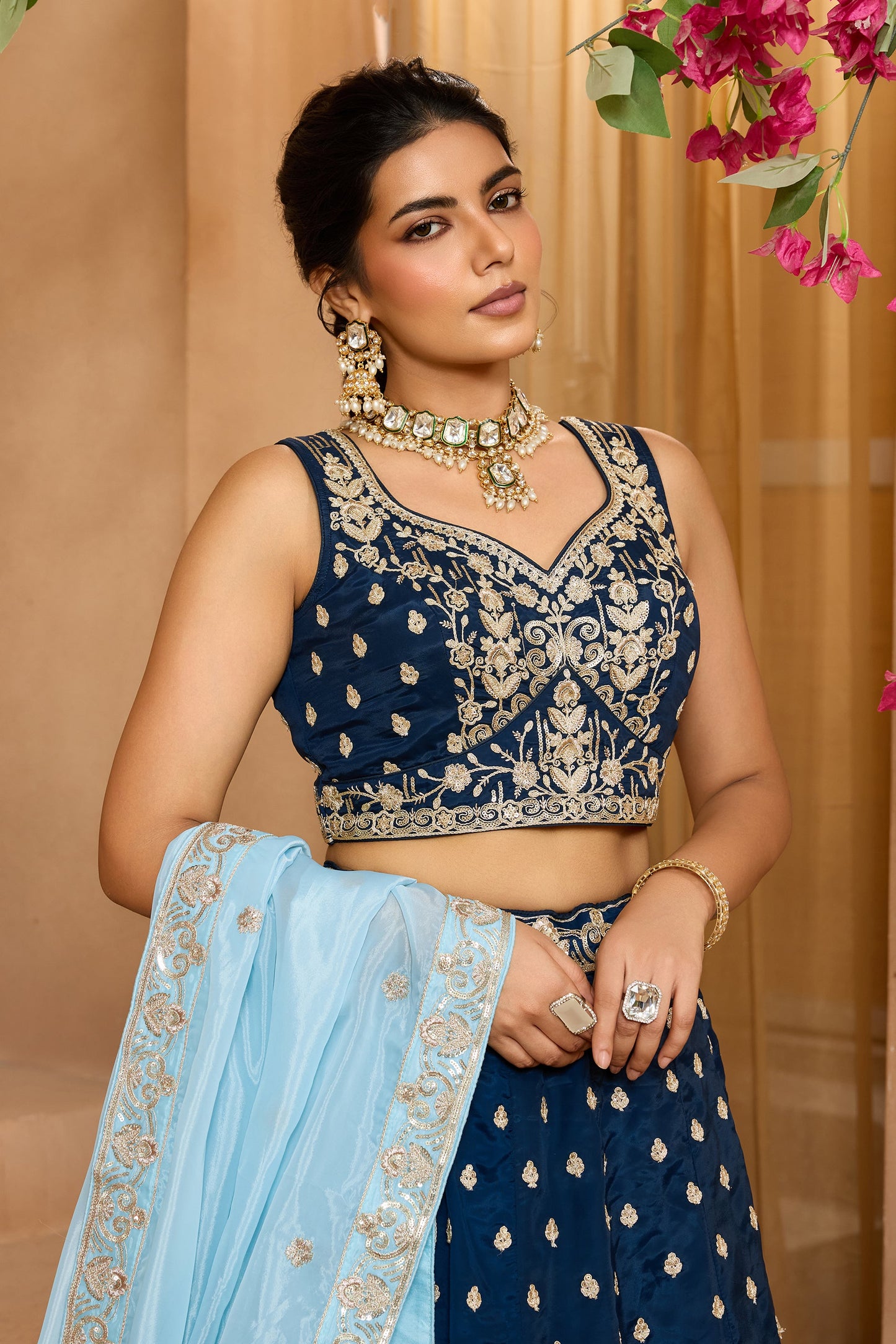 Navy Blue Semi-Stitched Embroidered Organza Lehenga-SAR10704_2_SareeButa.com