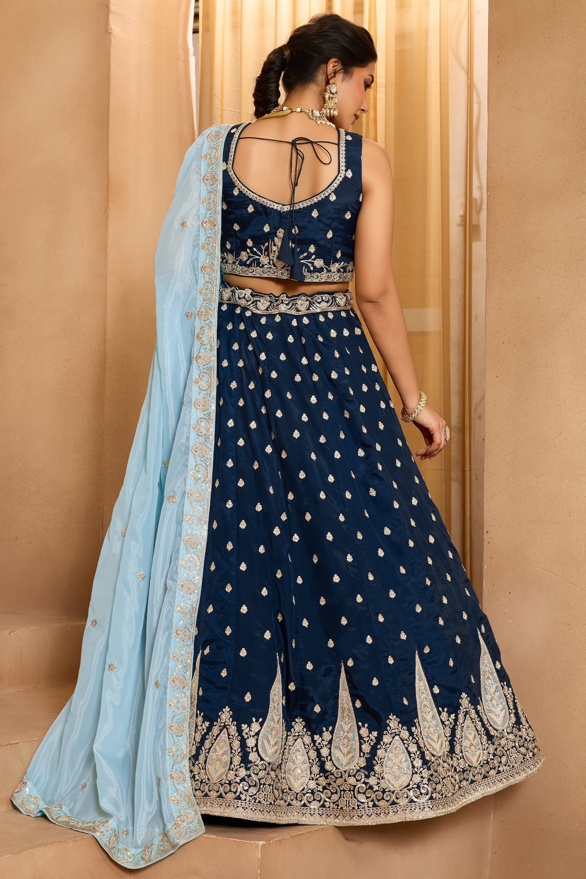 Navy Blue Semi-Stitched Embroidered Organza Lehenga-SAR10704_3_SareeButa.com