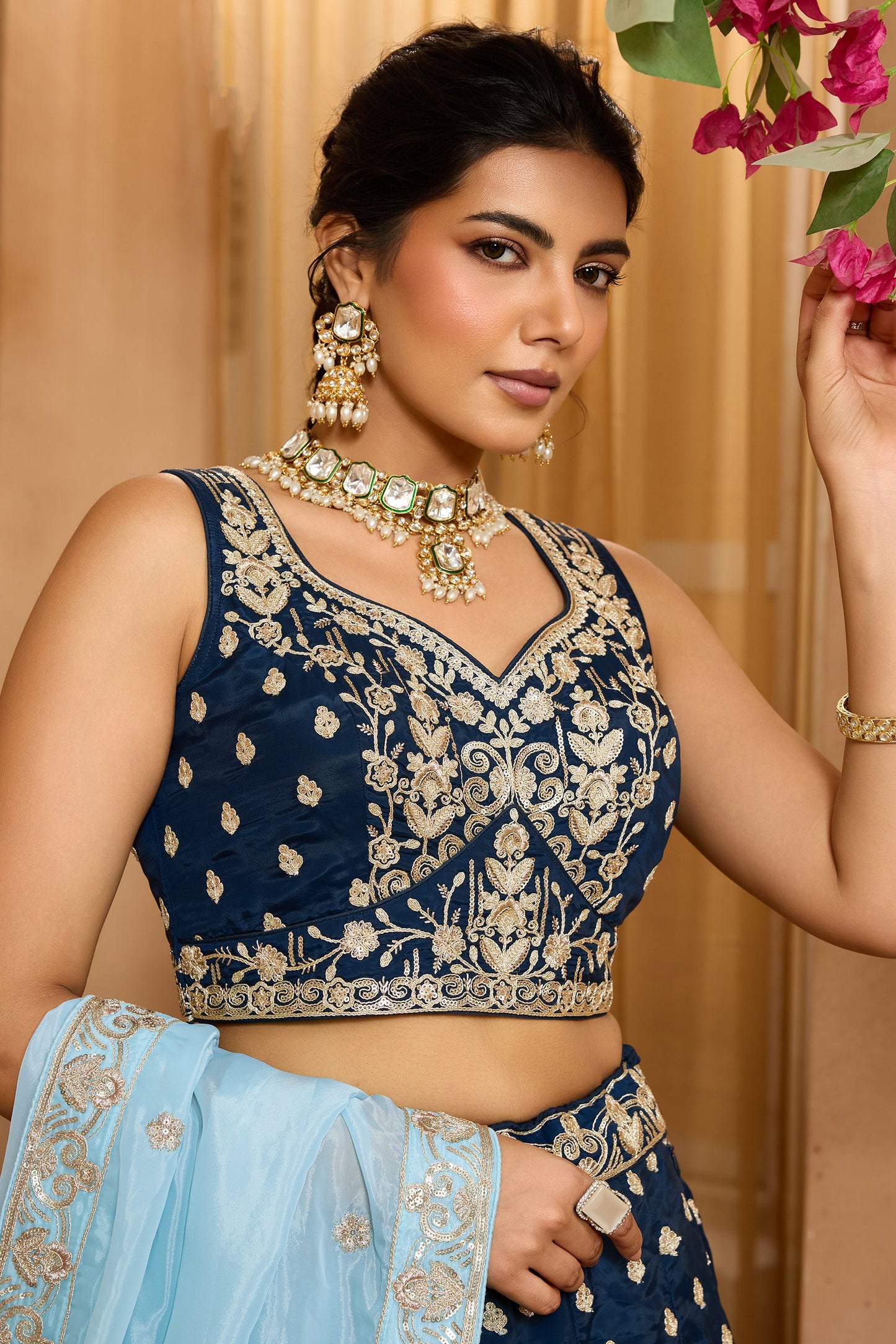 Navy Blue Semi-Stitched Embroidered Organza Lehenga-SAR10704_4_SareeButa.com