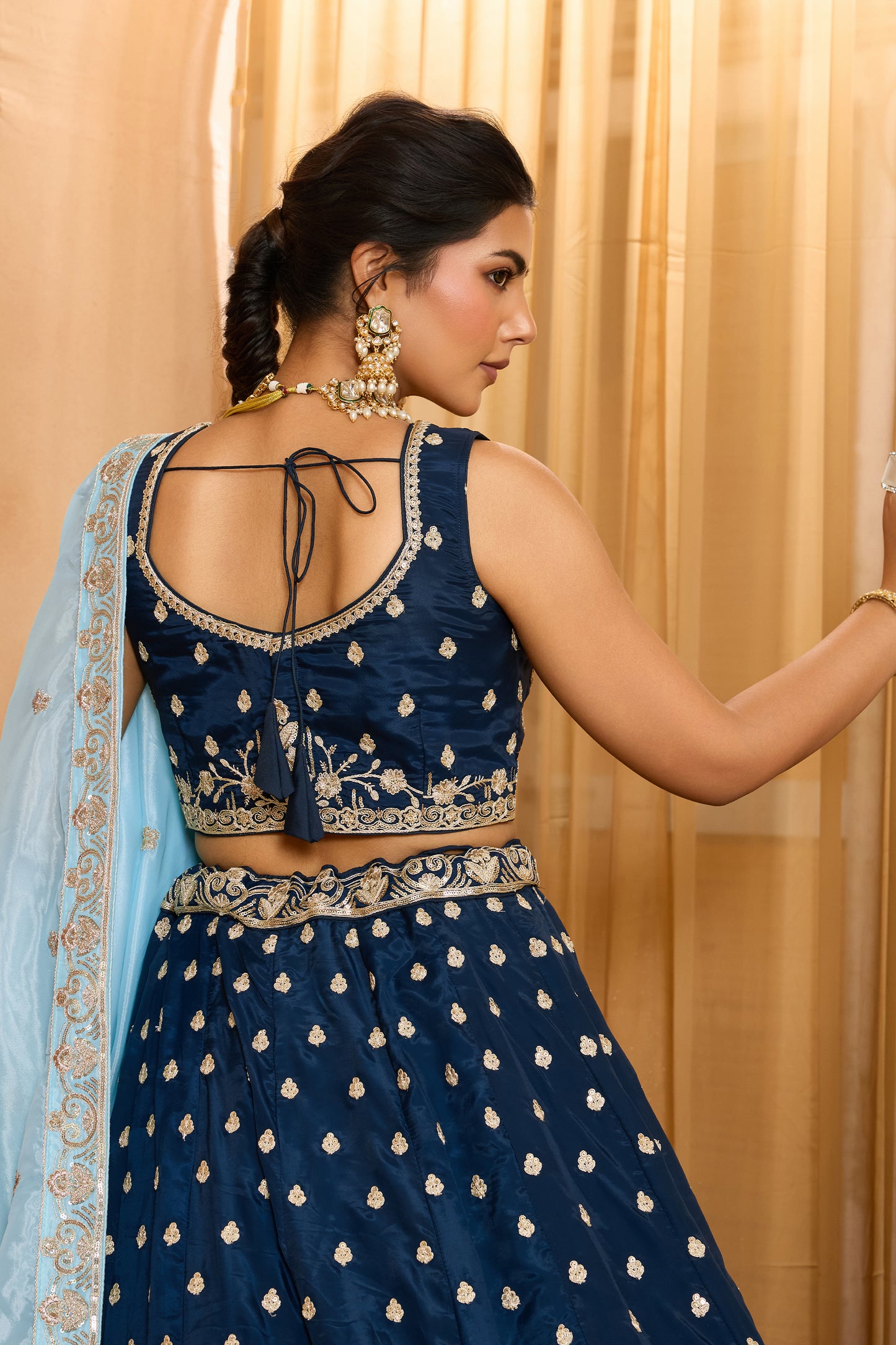 Navy Blue Semi-Stitched Embroidered Organza Lehenga