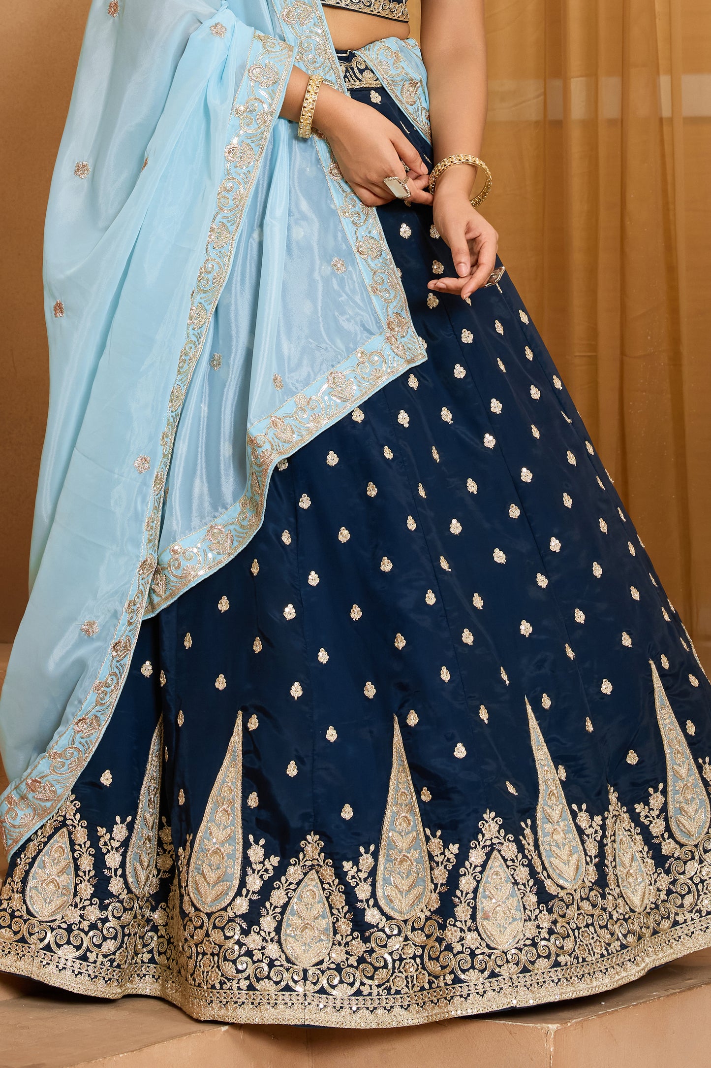 Navy Blue Semi-Stitched Embroidered Organza Lehenga