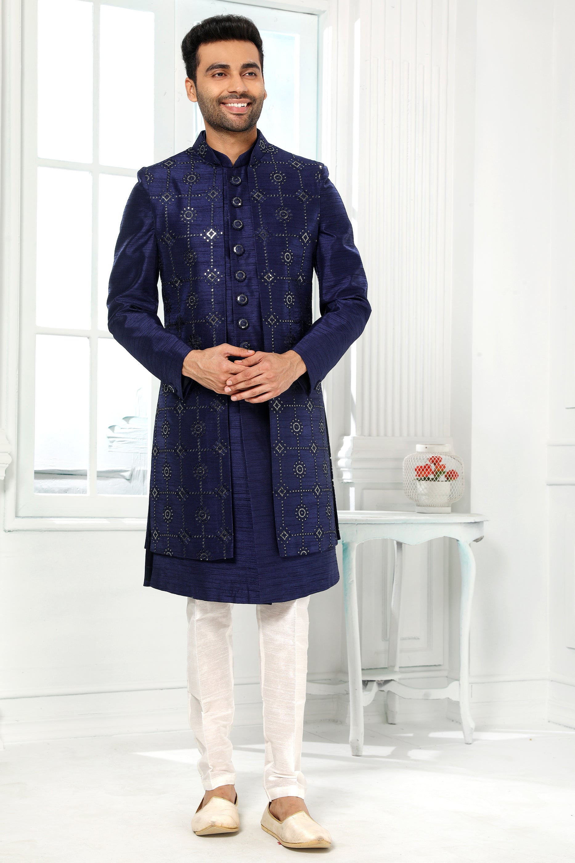 Navy Blue Silk Kurta Pajama With Jacket-SAR11446_1_SareeButa.com