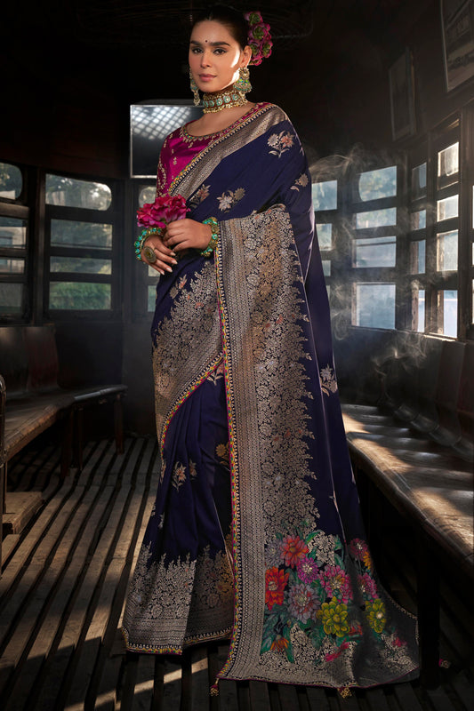 Navy Blue Woven Viscose Silk Saree With Lace Border-ZB134664_1_SareeButa.com