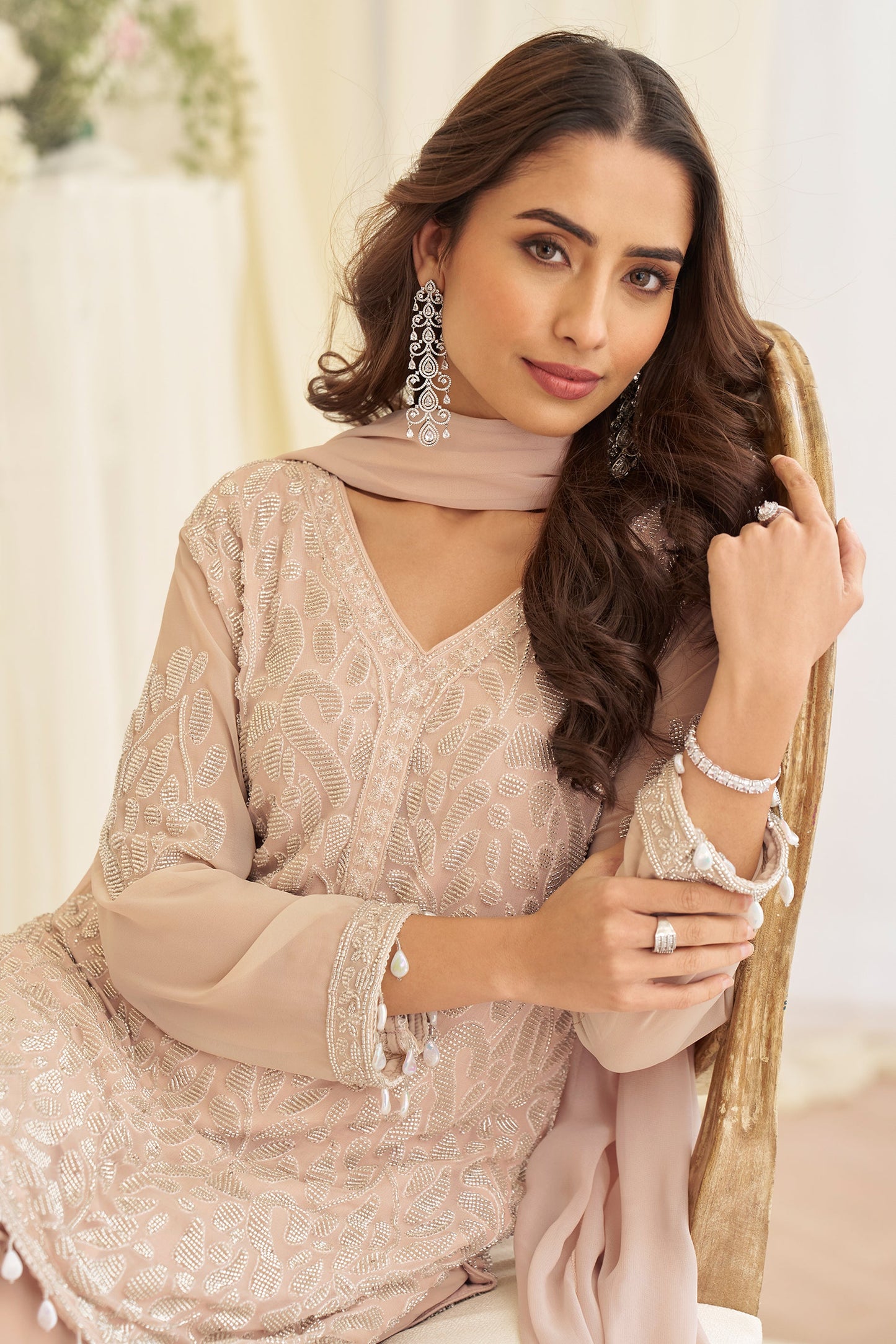 Nude Beige Readymade Bead Work Georgette Suit-SAR11528_2_SareeButa.com