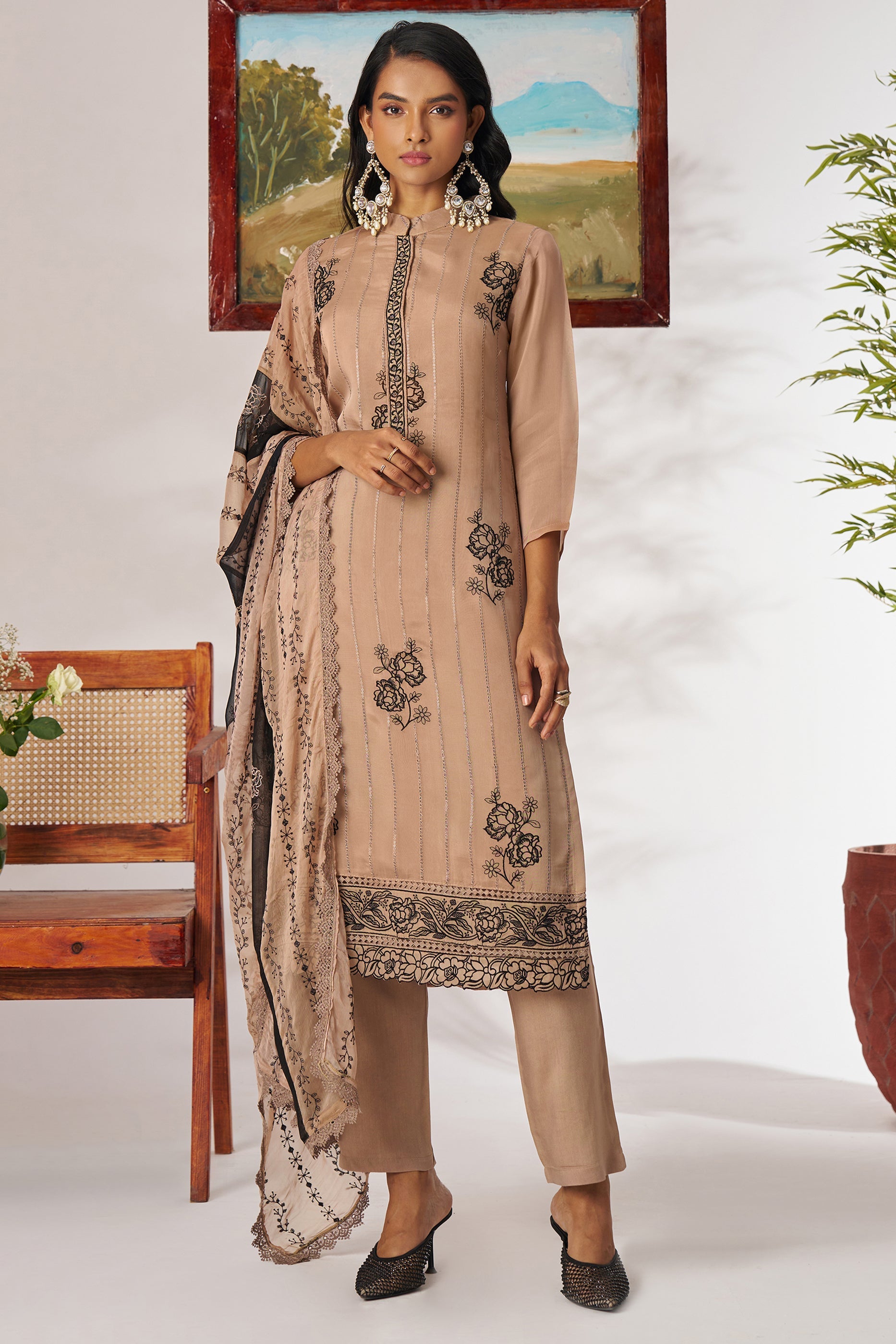Nude Beige Readymade Embroidered Organza Suit-SAR11659_1_SareeButa.com