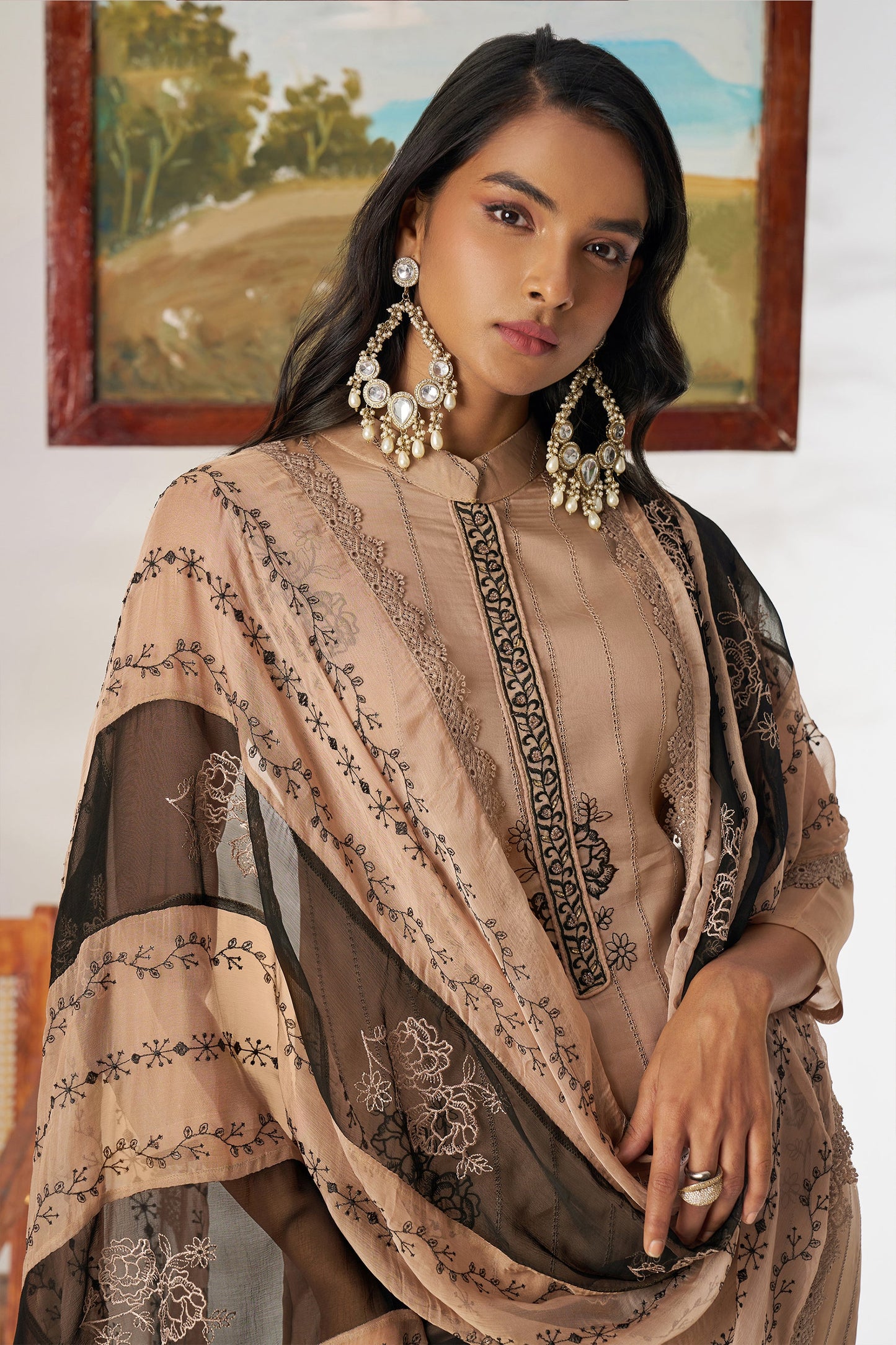 Nude Beige Readymade Embroidered Organza Suit-SAR11659_3_SareeButa.com