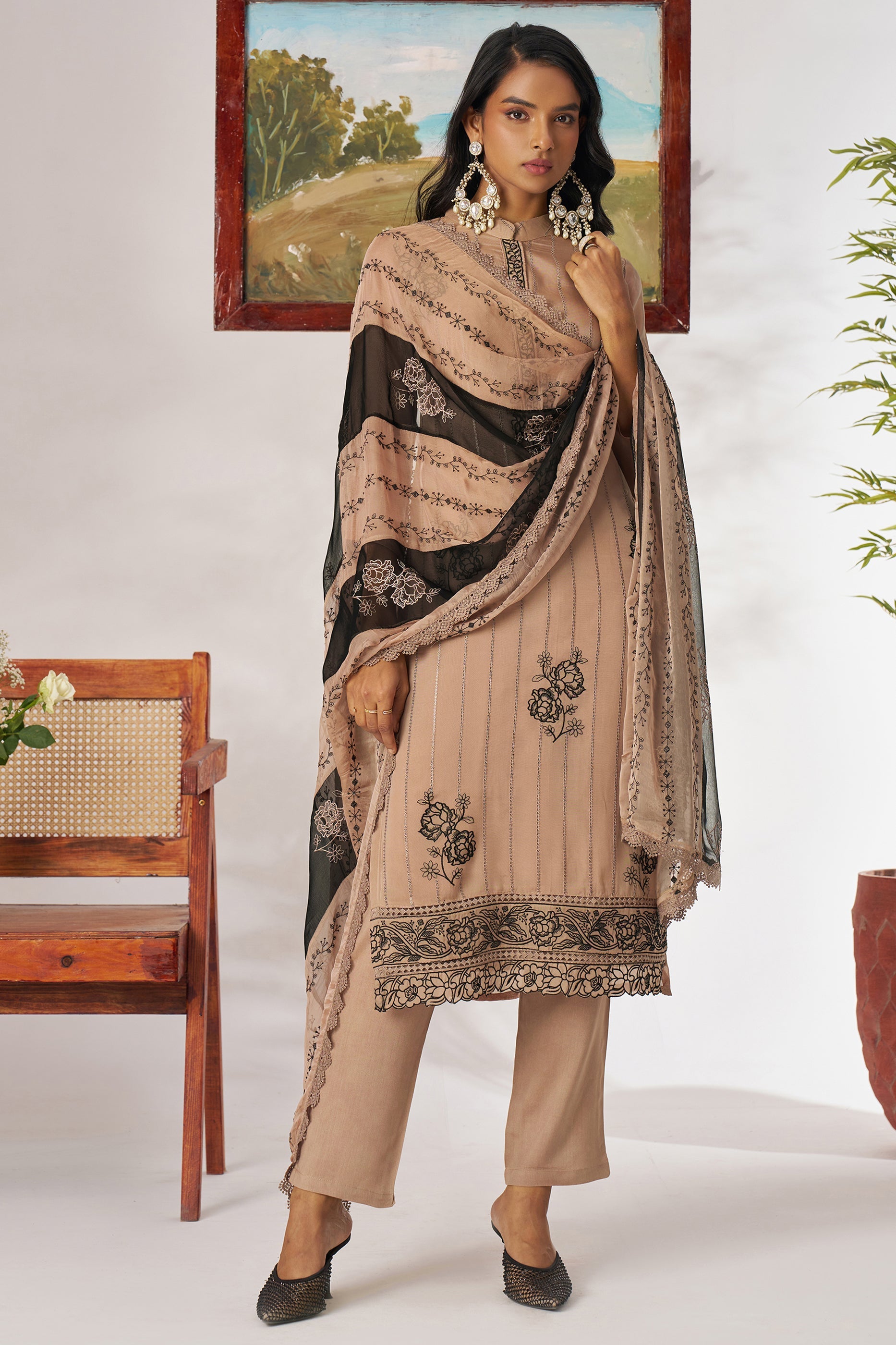 Nude Beige Readymade Embroidered Organza Suit-SAR11659_4_SareeButa.com