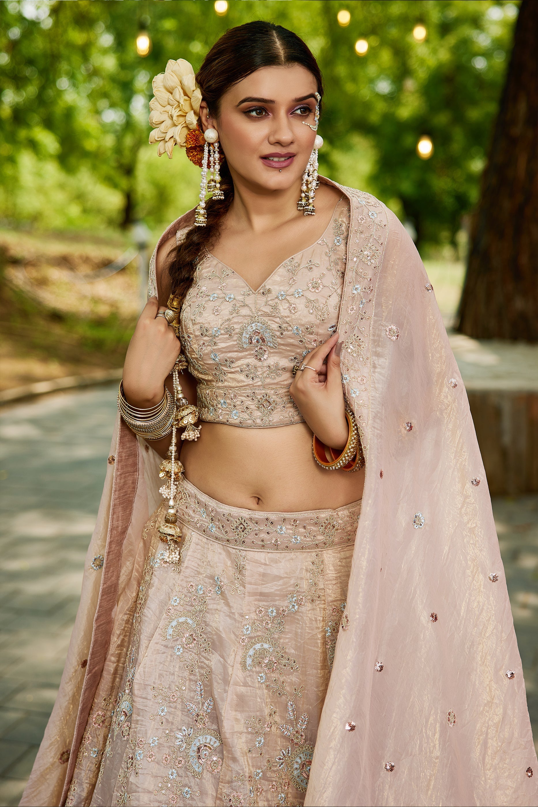 Nude Pink Readymade Embroidered Tissue Silk Lehenga-SAR10054_2_SareeButa.com