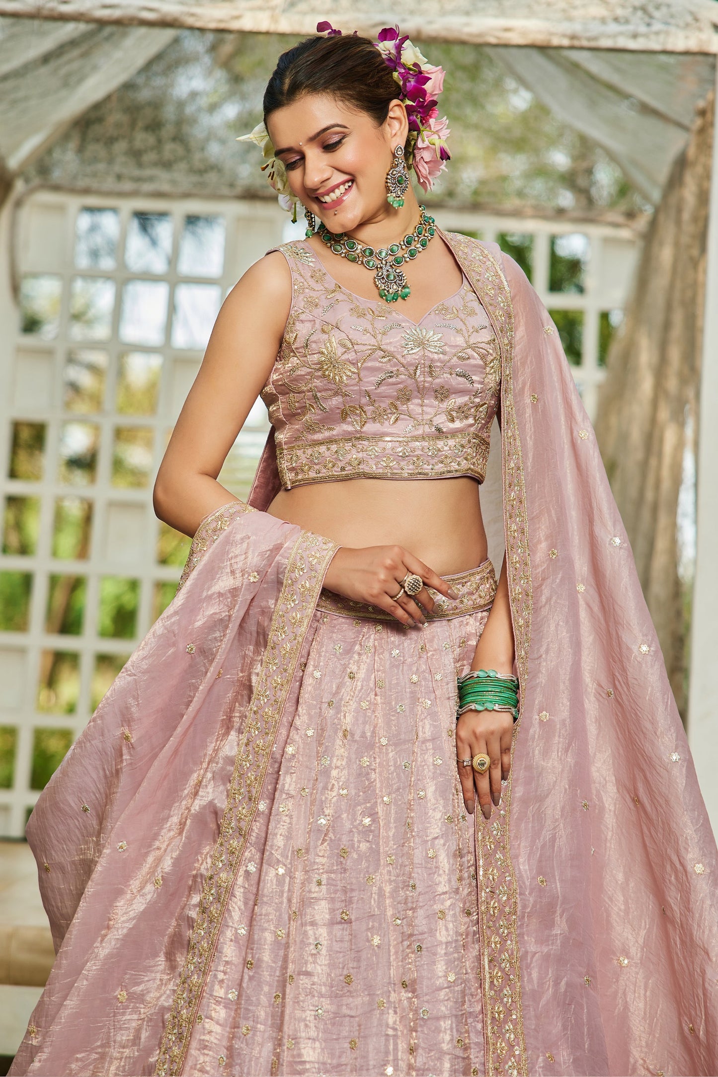 Nude Pink Readymade Embroidered Tissue Silk Lehenga-SAR10072_2_SareeButa.com